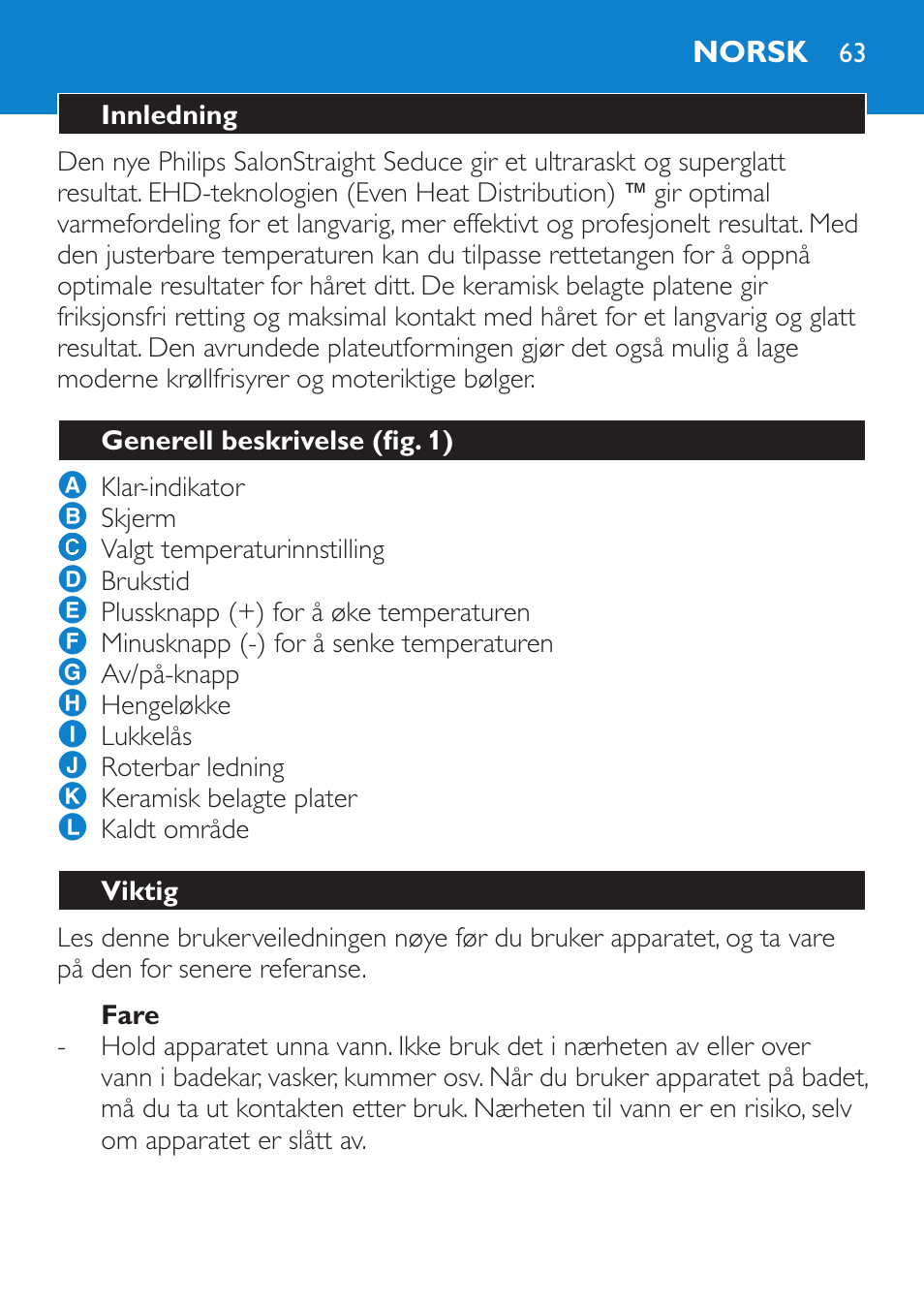 Fare, Norsk, Innledning | Generell beskrivelse (fig. 1), Viktig | Philips SalonStraight Seduce Plancha para el pelo User Manual | Page 63 / 92