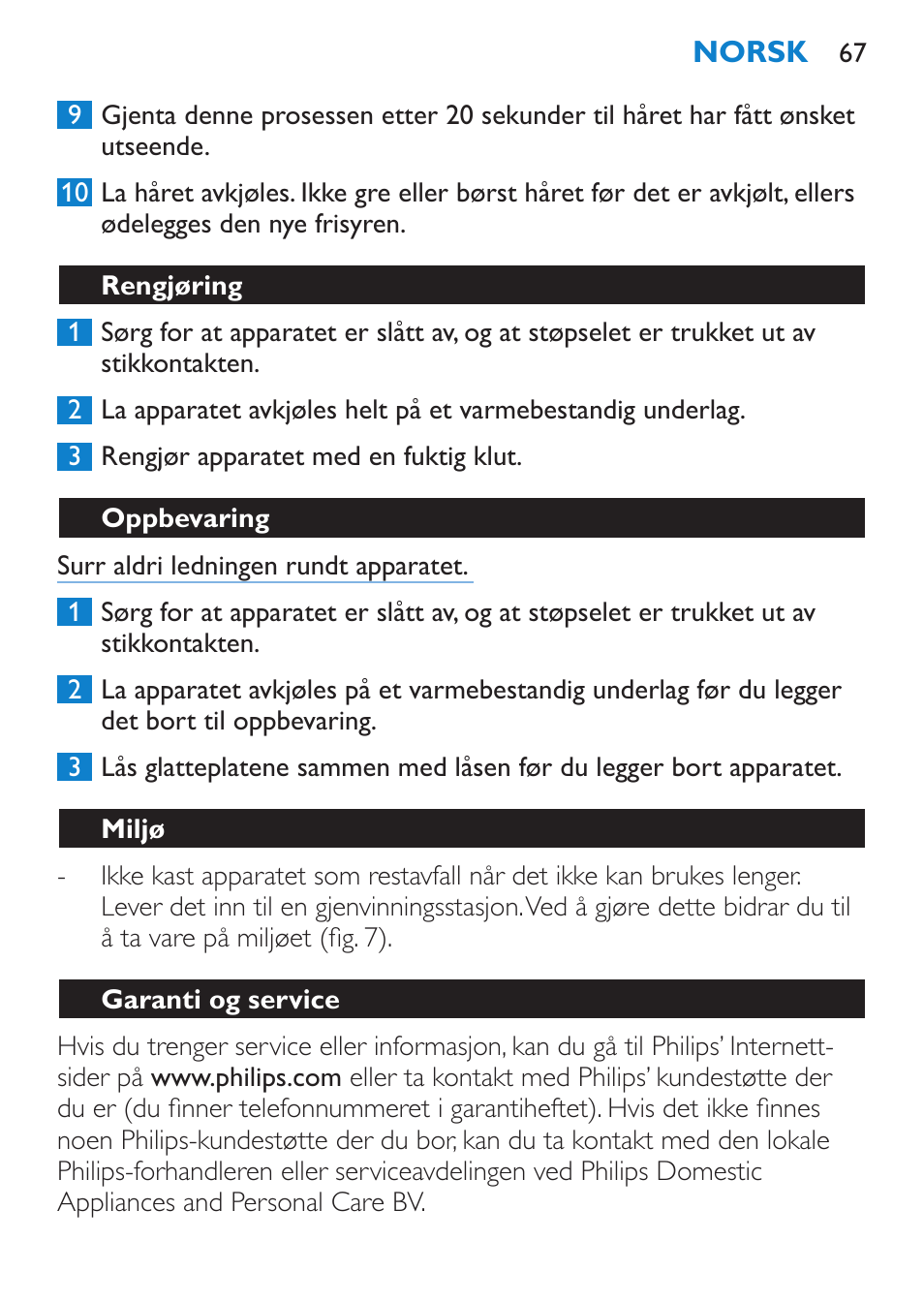 Rengjøring, Oppbevaring, Miljø | Garanti og service | Philips SalonStraight Seduce Plancha para el pelo User Manual | Page 67 / 92