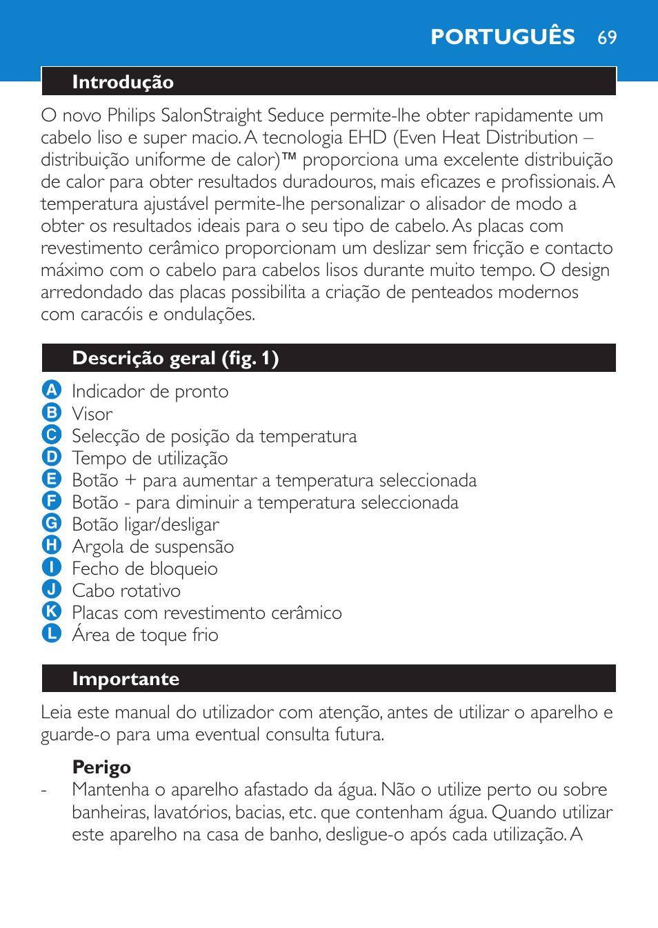 Perigo, Português, Introdução | Descrição geral (fig. 1), Importante | Philips SalonStraight Seduce Plancha para el pelo User Manual | Page 69 / 92