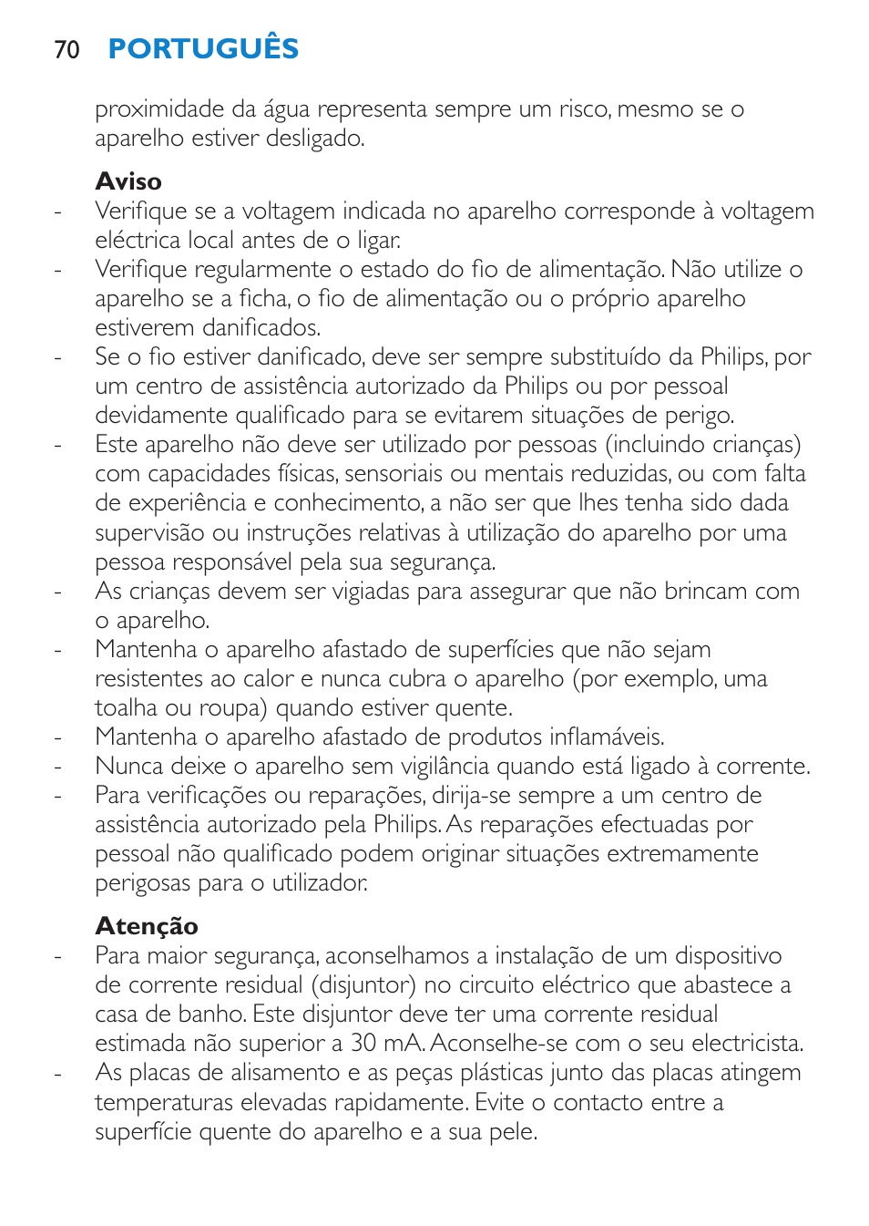 Aviso, Atenção | Philips SalonStraight Seduce Plancha para el pelo User Manual | Page 70 / 92