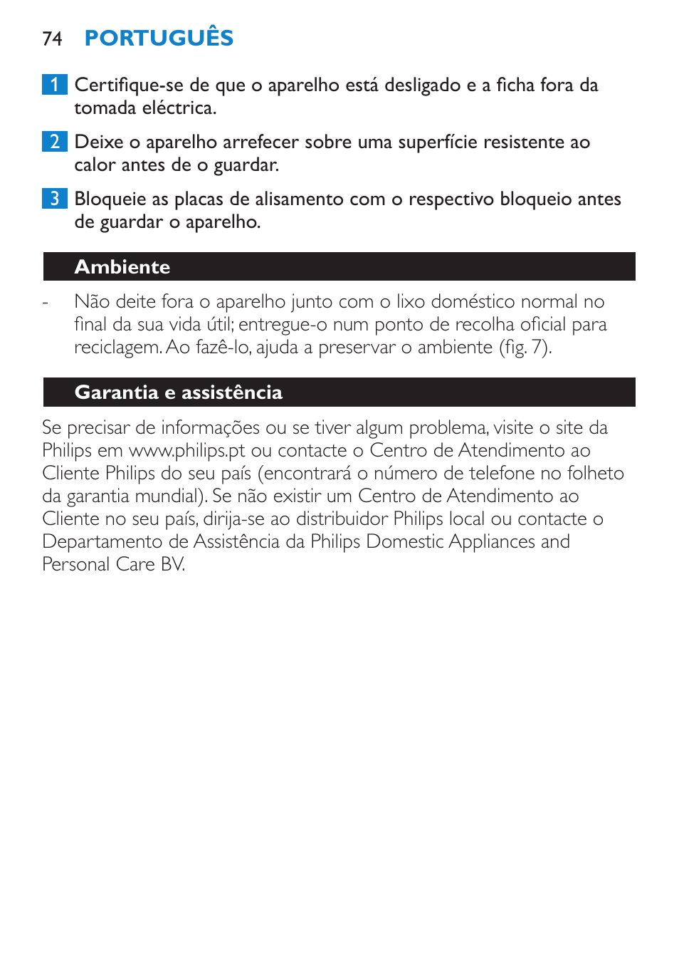 Ambiente, Garantia e assistência, Resolução de problemas | Philips SalonStraight Seduce Plancha para el pelo User Manual | Page 74 / 92