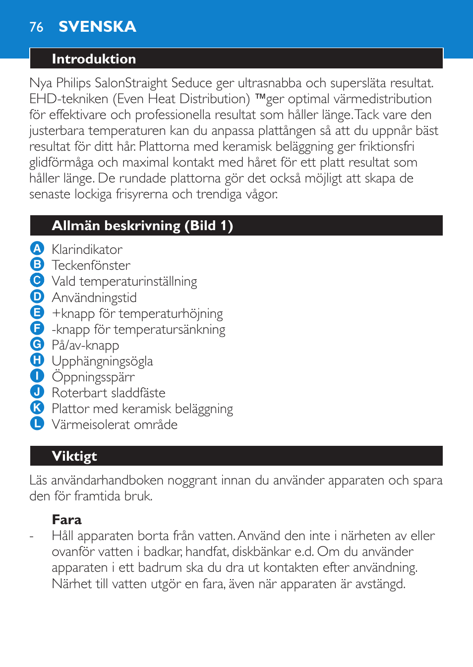 Fara, Svenska, Introduktion | Allmän beskrivning (bild 1), Viktigt | Philips SalonStraight Seduce Plancha para el pelo User Manual | Page 76 / 92