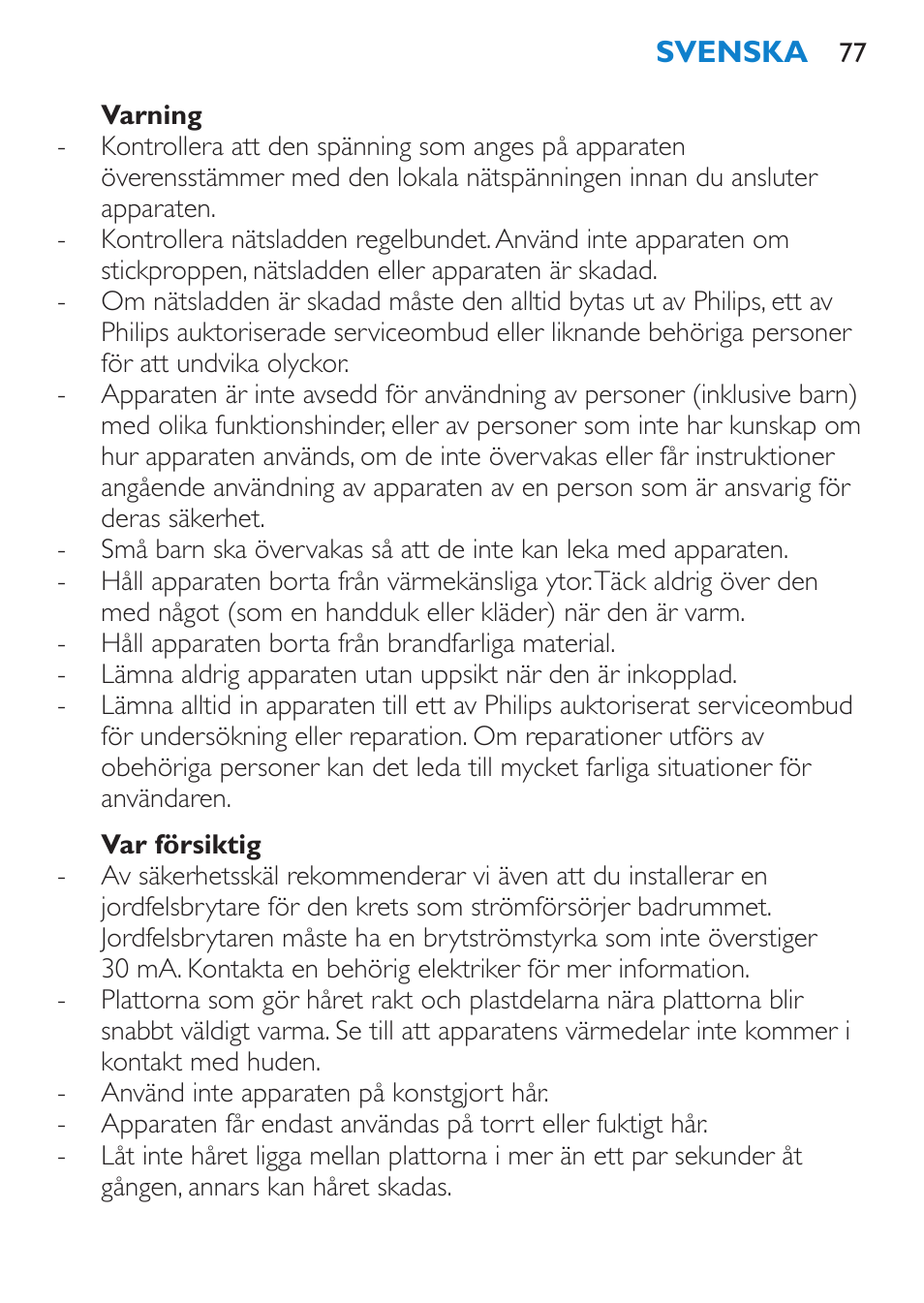 Varning, Var försiktig | Philips SalonStraight Seduce Plancha para el pelo User Manual | Page 77 / 92