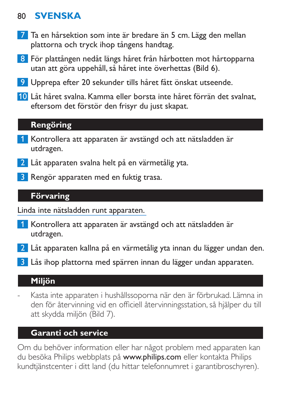 Rengöring, Förvaring, Miljön | Garanti och service | Philips SalonStraight Seduce Plancha para el pelo User Manual | Page 80 / 92