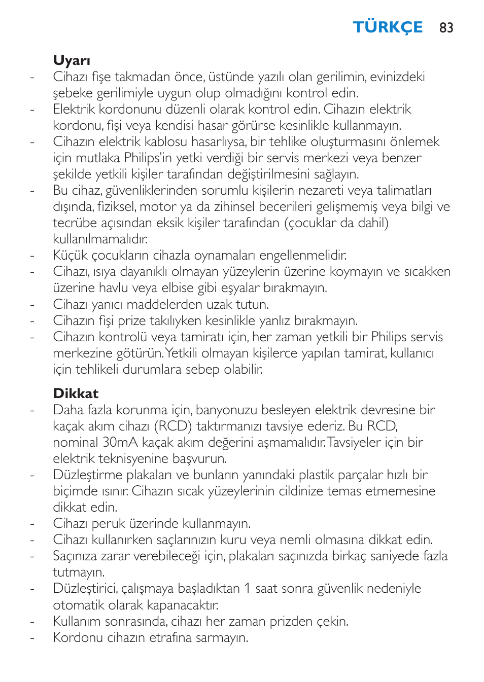 Uyarı, Dikkat | Philips SalonStraight Seduce Plancha para el pelo User Manual | Page 83 / 92