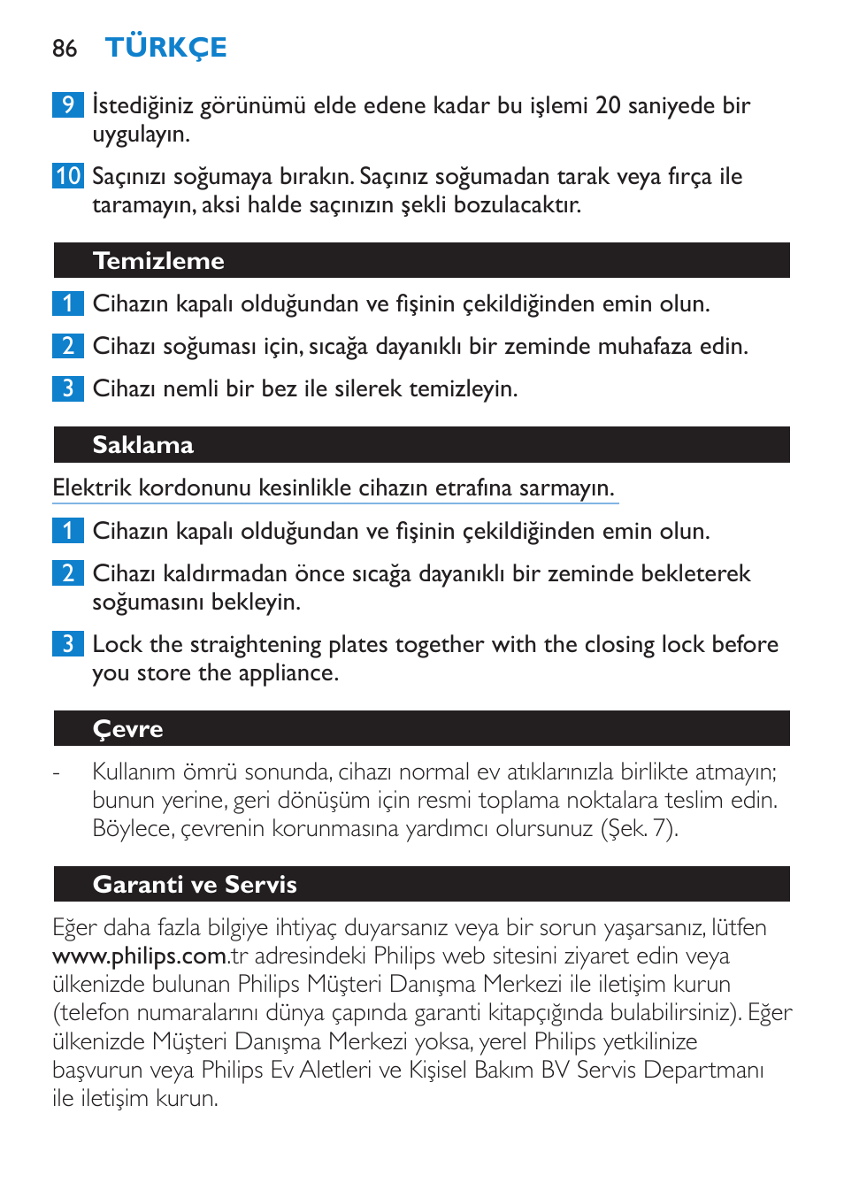 Temizleme, Saklama, Çevre | Garanti ve servis | Philips SalonStraight Seduce Plancha para el pelo User Manual | Page 86 / 92