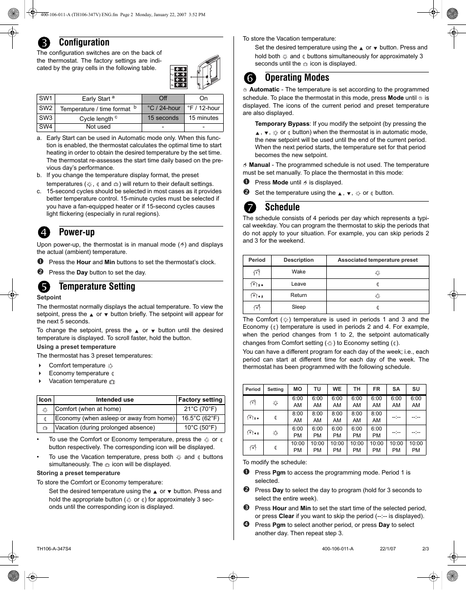 Configuration, Power-up, Temperature setting | Operating modes, Schedule | Aube Technologies TH106-A-347S4 User Manual | Page 2 / 3