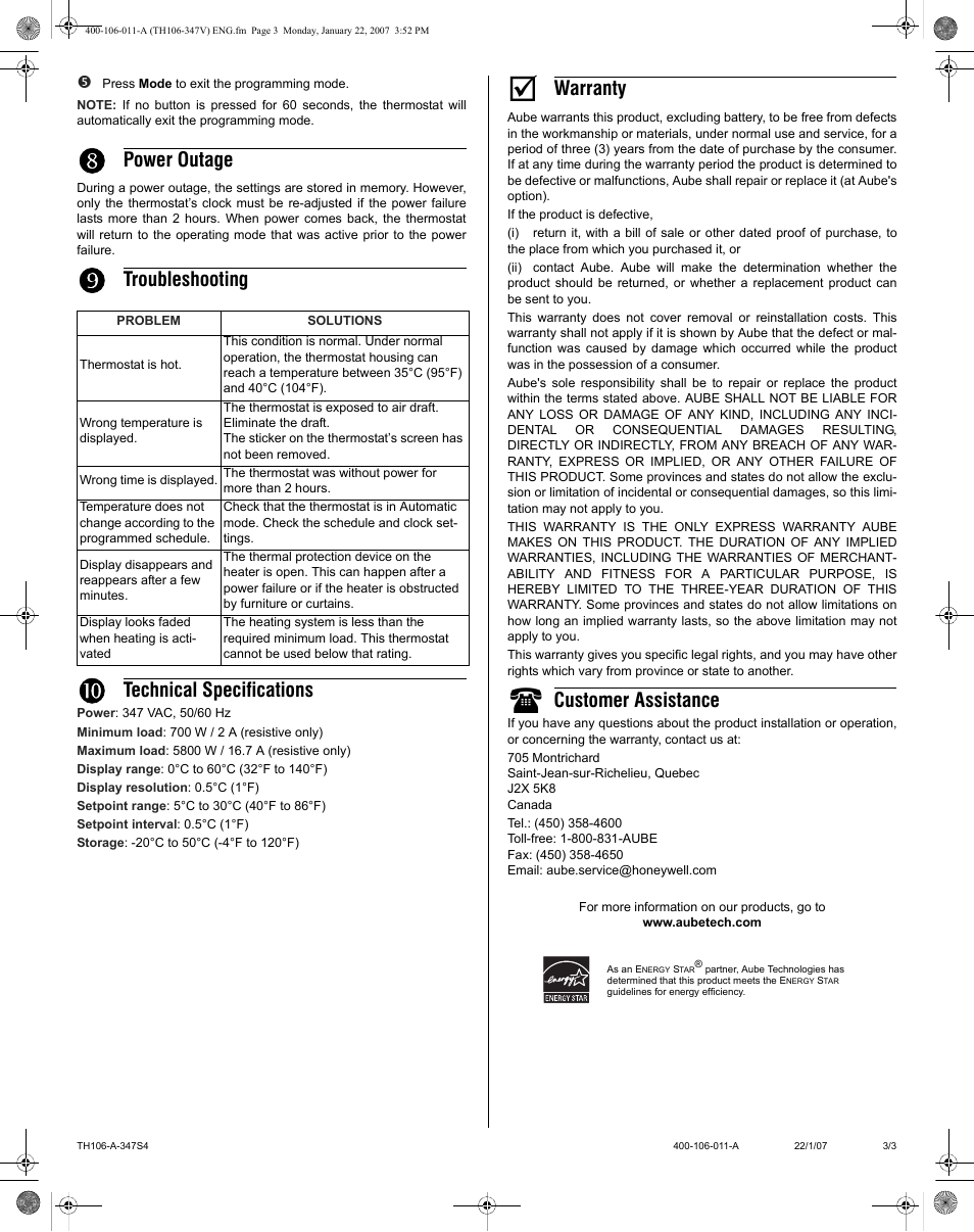 Power outage, Troubleshooting, Technical specifications | Warranty, Customer assistance | Aube Technologies TH106-A-347S4 User Manual | Page 3 / 3
