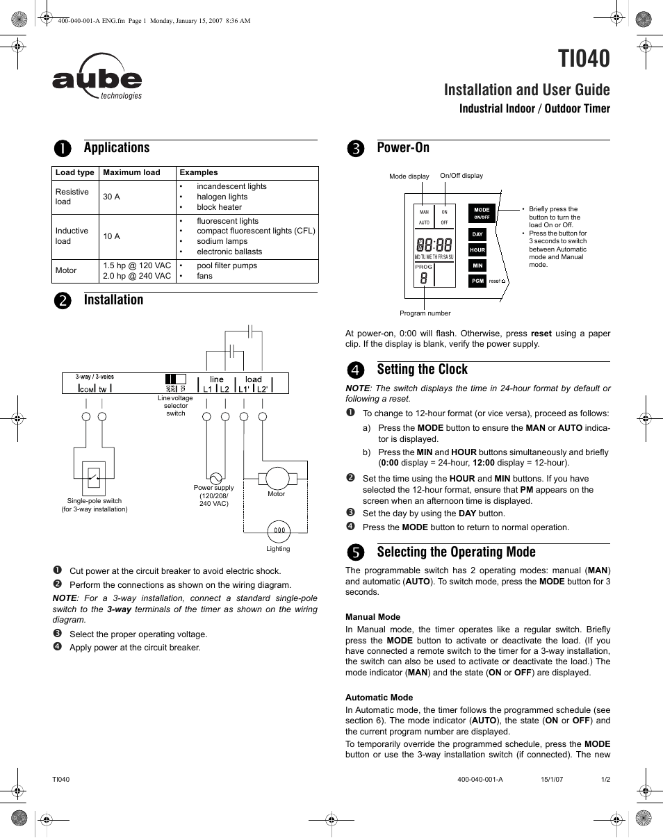 Aube Technologies TI040 User Manual | 2 pages