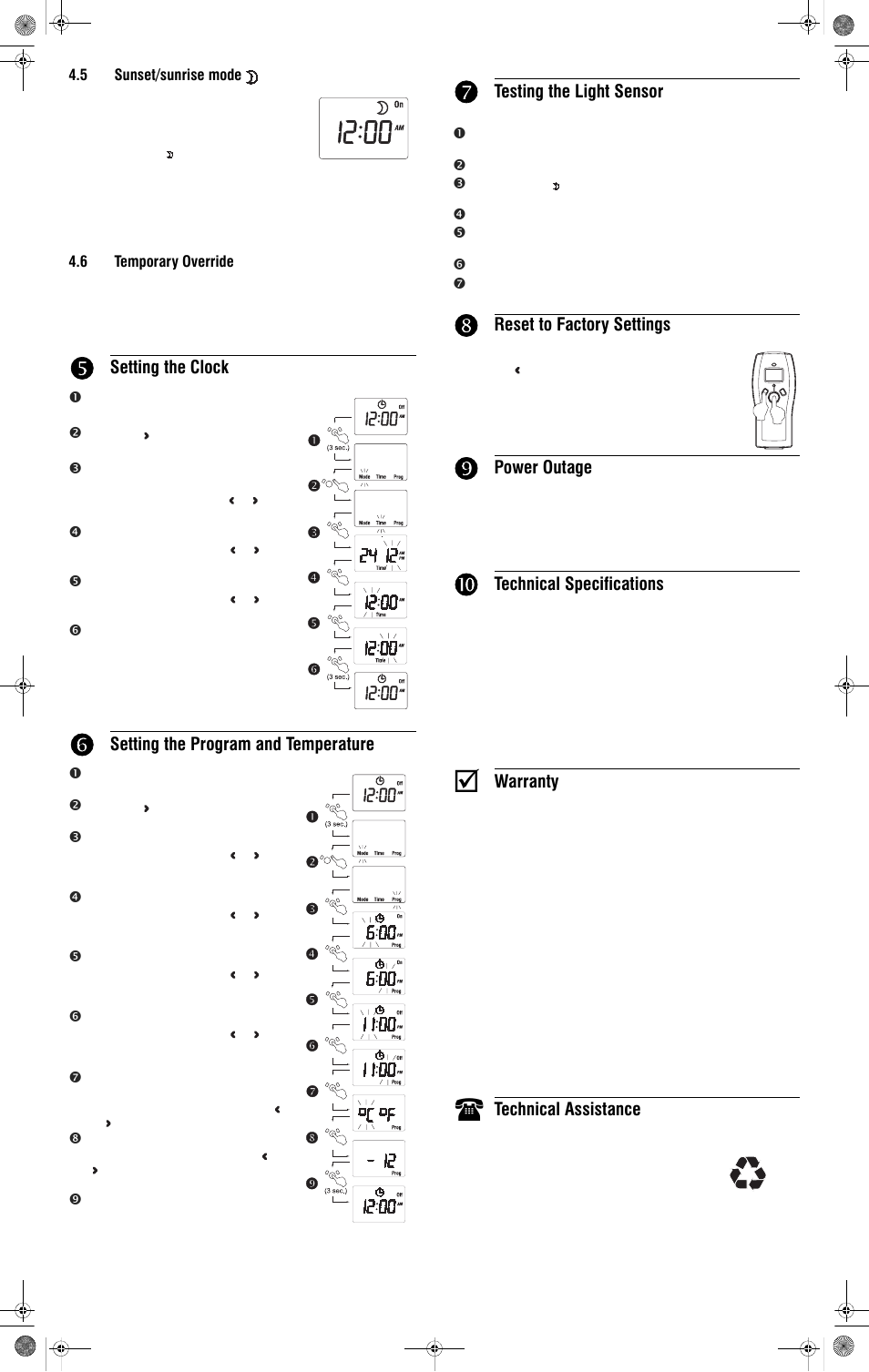 Setting the clock, Setting the program and temperature, Testing the light sensor | Reset to factory settings, Power outage, Technical specifications, Warranty, Technical assistance | Aube Technologies Aube TI062 User Manual | Page 2 / 2