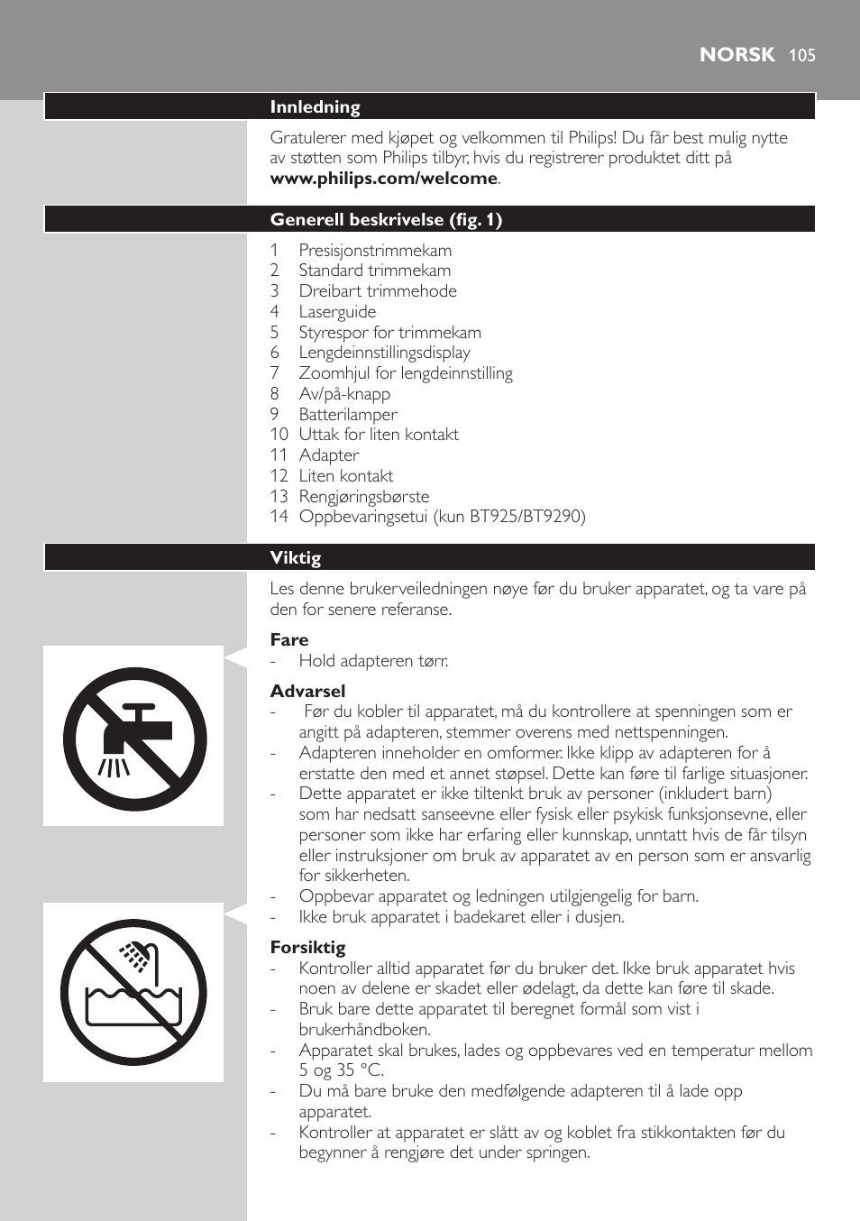 Norsk, Norsk 10 | Philips BEARDTRIMMER Series 9000 barbero resistente al agua User Manual | Page 105 / 150