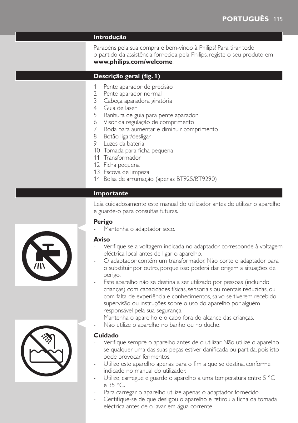 Português | Philips BEARDTRIMMER Series 9000 barbero resistente al agua User Manual | Page 115 / 150