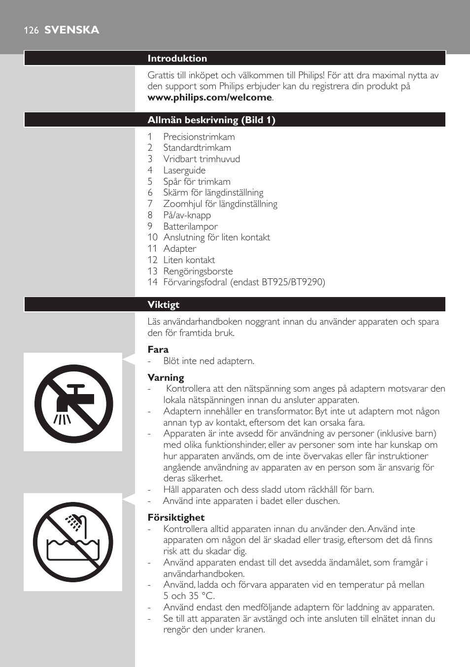 Svenska, Svenska 12 | Philips BEARDTRIMMER Series 9000 barbero resistente al agua User Manual | Page 126 / 150