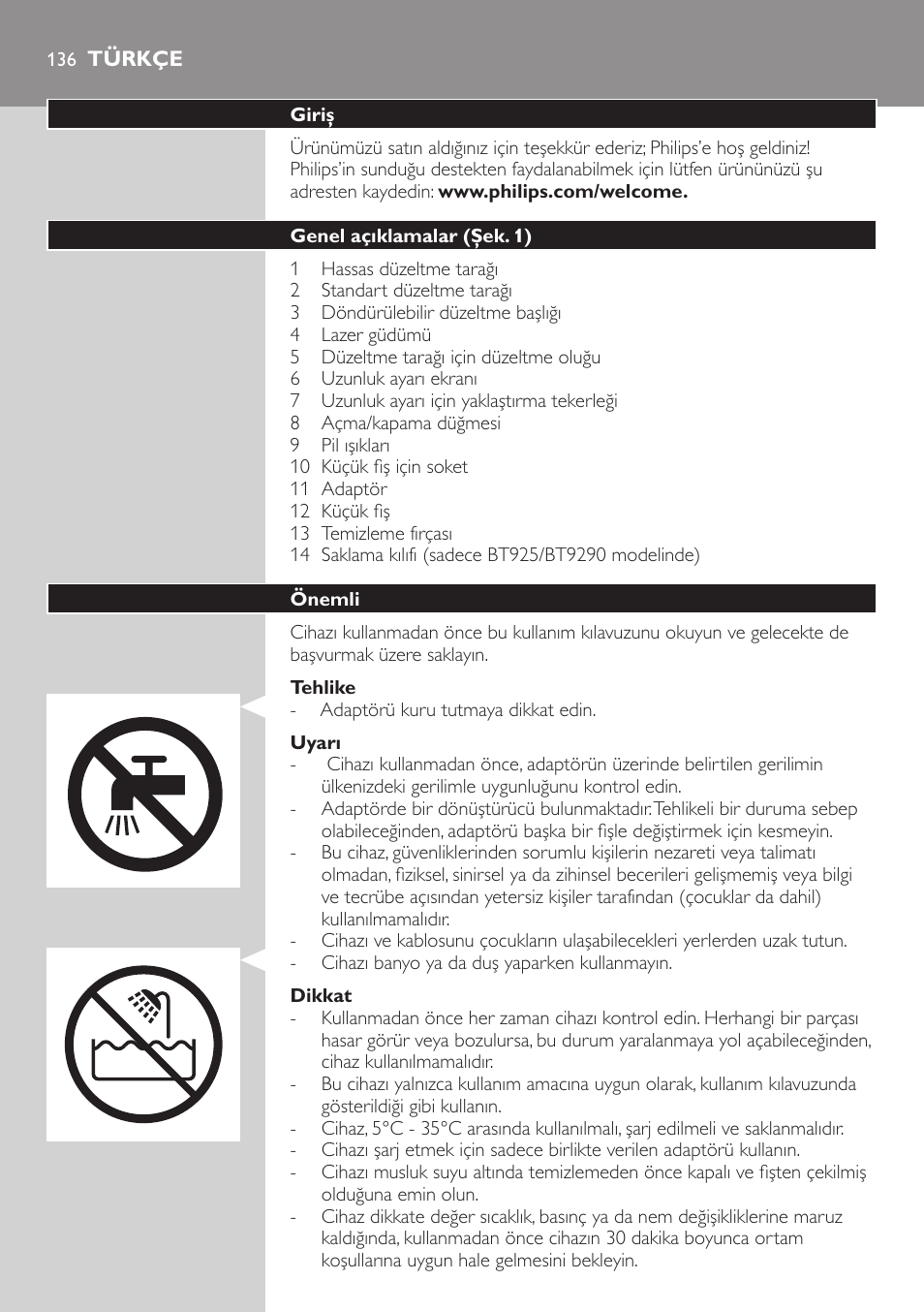 Türkçe, Türkçe 13 | Philips BEARDTRIMMER Series 9000 barbero resistente al agua User Manual | Page 136 / 150