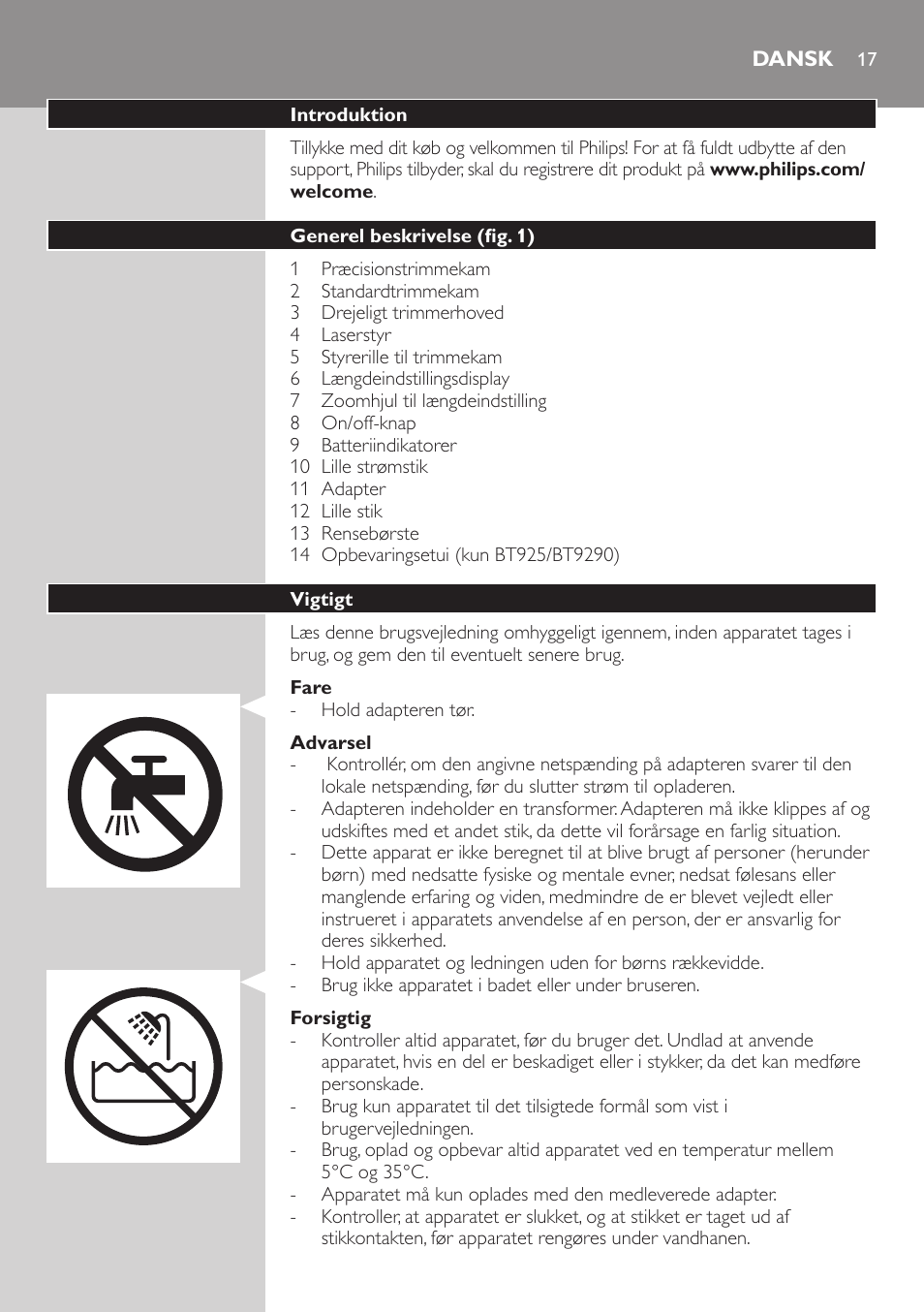 Dansk | Philips BEARDTRIMMER Series 9000 barbero resistente al agua User Manual | Page 17 / 150