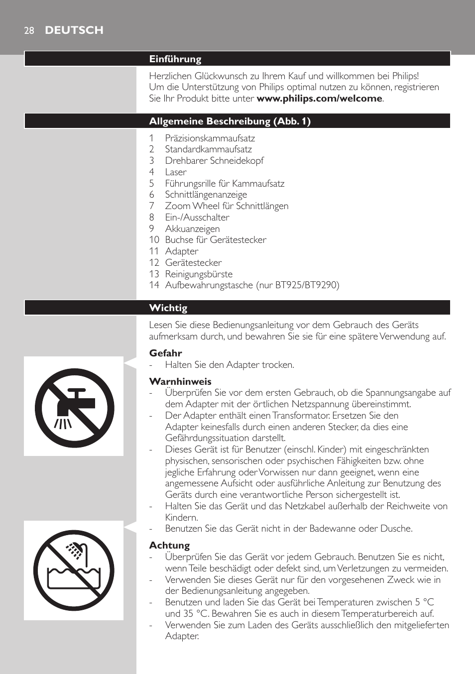 Deutsch, Deutsch 2 | Philips BEARDTRIMMER Series 9000 barbero resistente al agua User Manual | Page 28 / 150