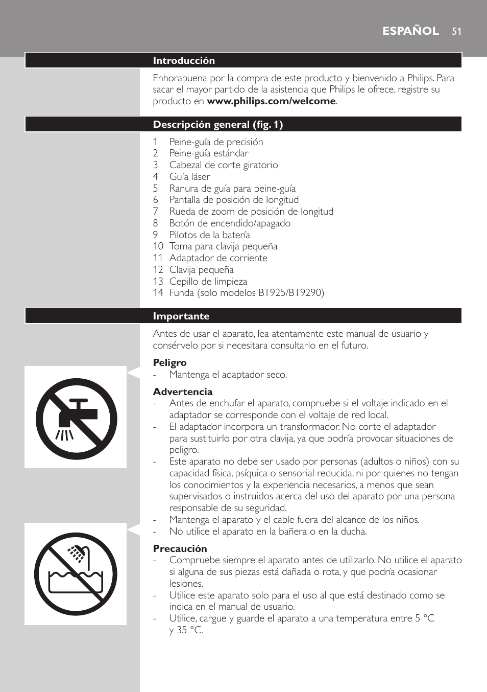 Español | Philips BEARDTRIMMER Series 9000 barbero resistente al agua User Manual | Page 51 / 150