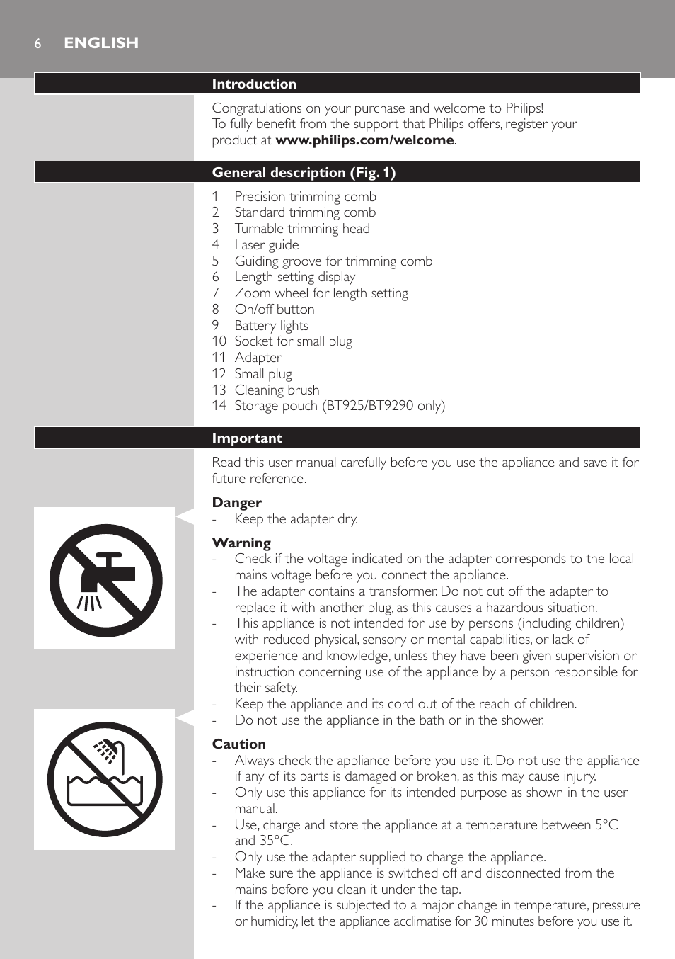 English | Philips BEARDTRIMMER Series 9000 barbero resistente al agua User Manual | Page 6 / 150