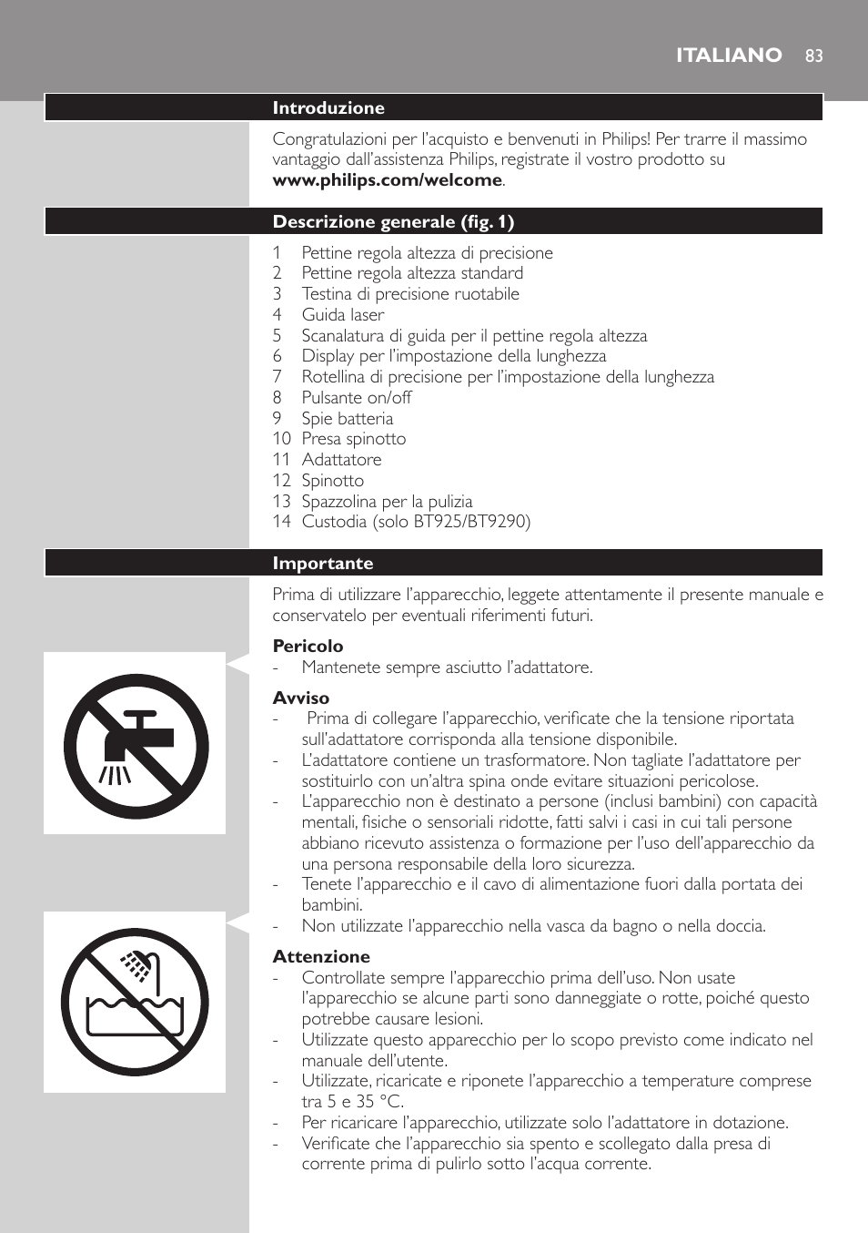 Italiano | Philips BEARDTRIMMER Series 9000 barbero resistente al agua User Manual | Page 83 / 150