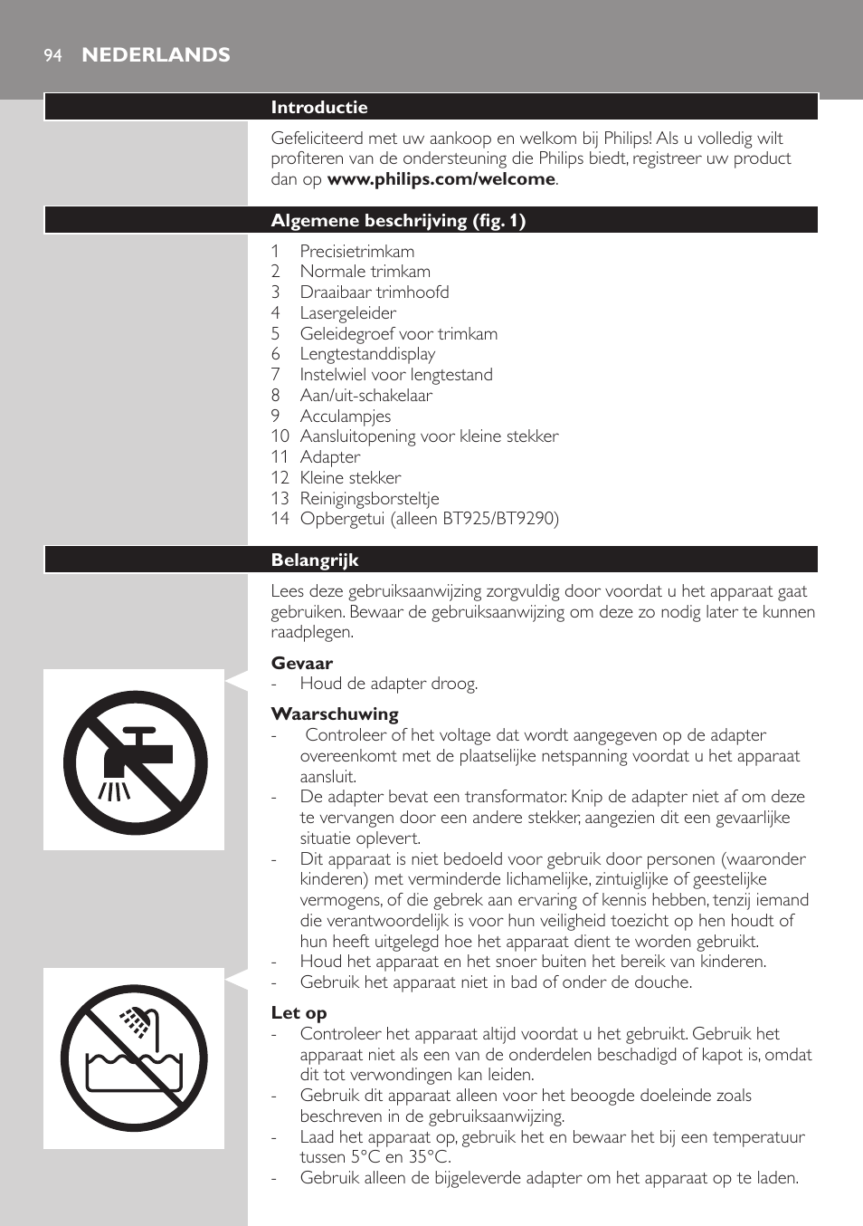 Nederlands, Nederlands 94 | Philips BEARDTRIMMER Series 9000 barbero resistente al agua User Manual | Page 94 / 150