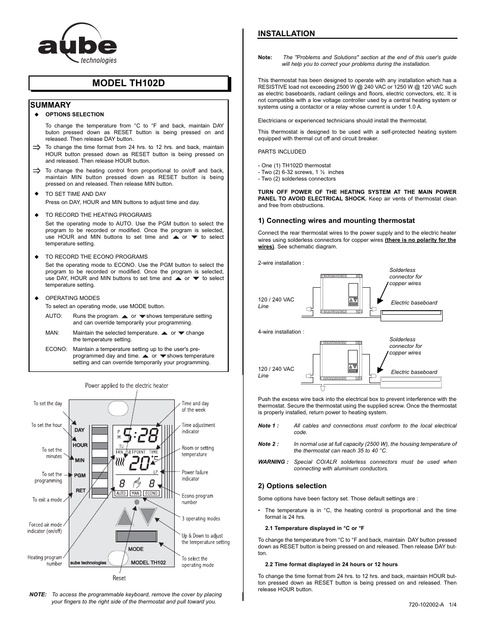 Aube Technologies TH102D User Manual | 4 pages