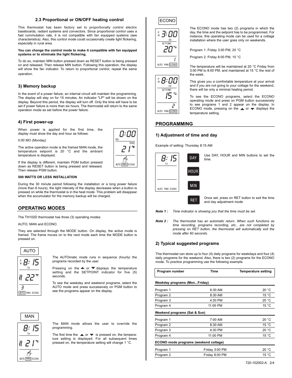 Operating modes, Programming, 3 proportional or on/off heating control | 4) first power-up, 1) adjustment of time and day, 2) typical suggested programs, Auto econo man | Aube Technologies TH102D User Manual | Page 2 / 4