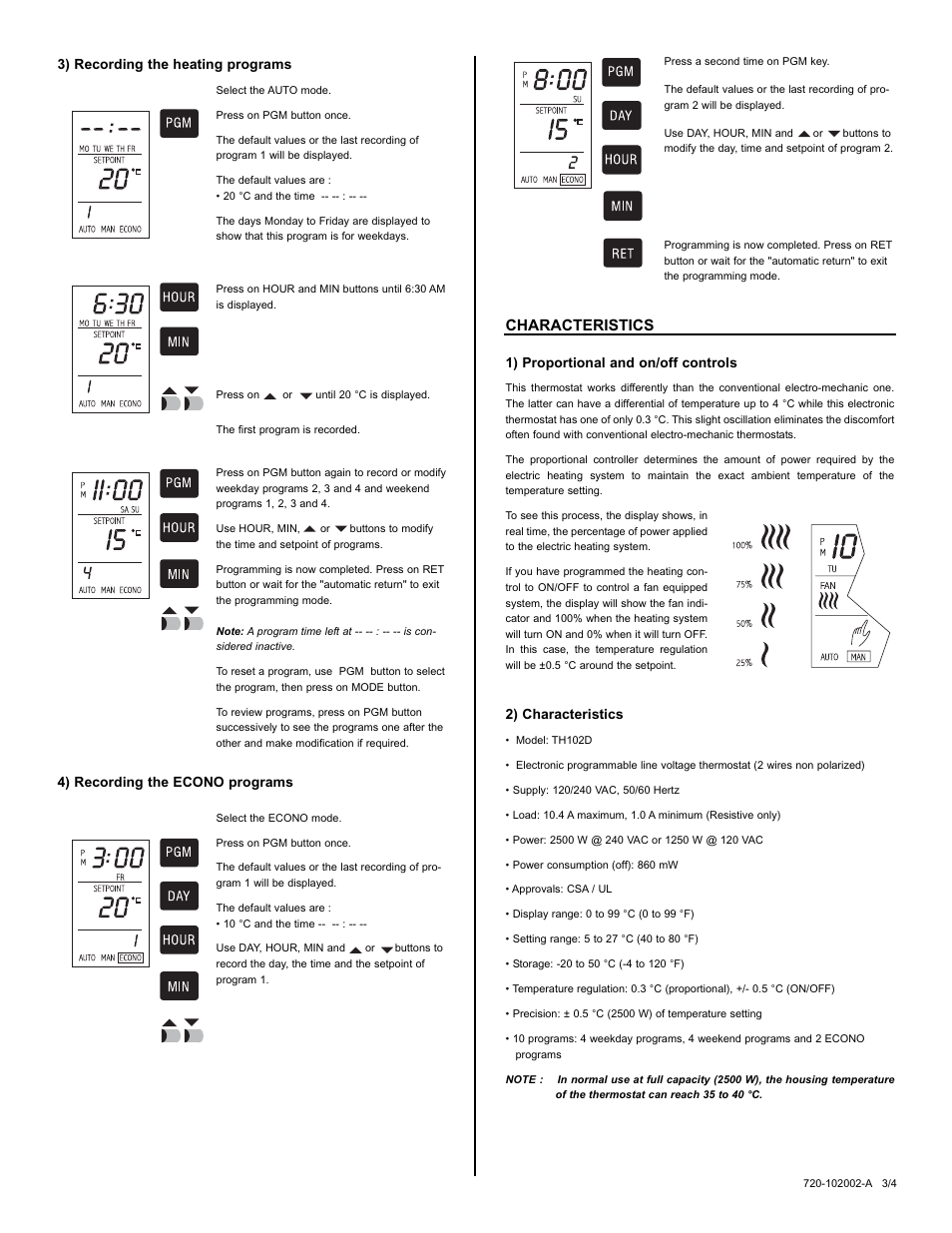 Characteristics, 3) recording the heating programs, 4) recording the econo programs | 1) proportional and on/off controls, 2) characteristics | Aube Technologies TH102D User Manual | Page 3 / 4