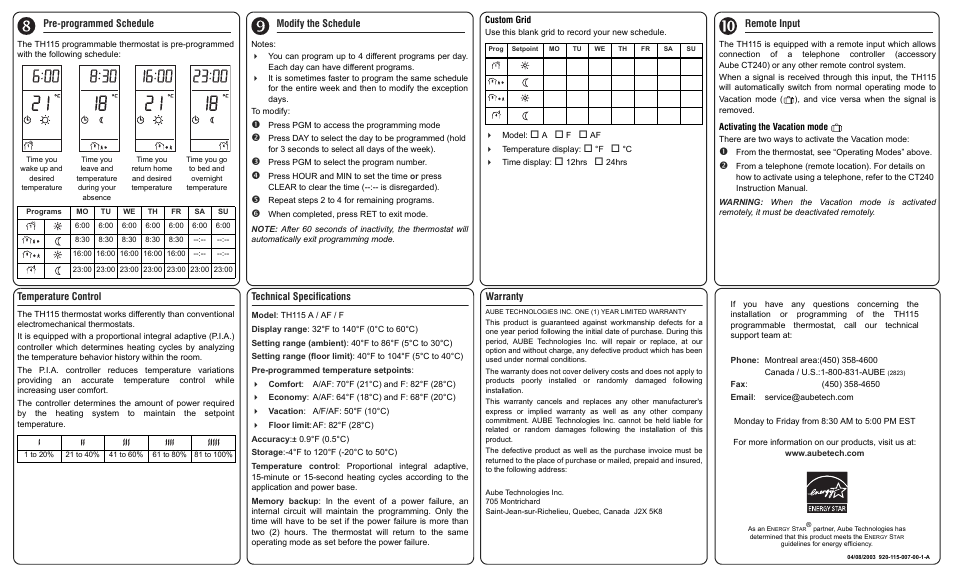 Pre-programmed schedule, Modify the schedule, Remote input temperature control | Technical specifications, Warranty | Aube Technologies TH115 User Manual | Page 2 / 3