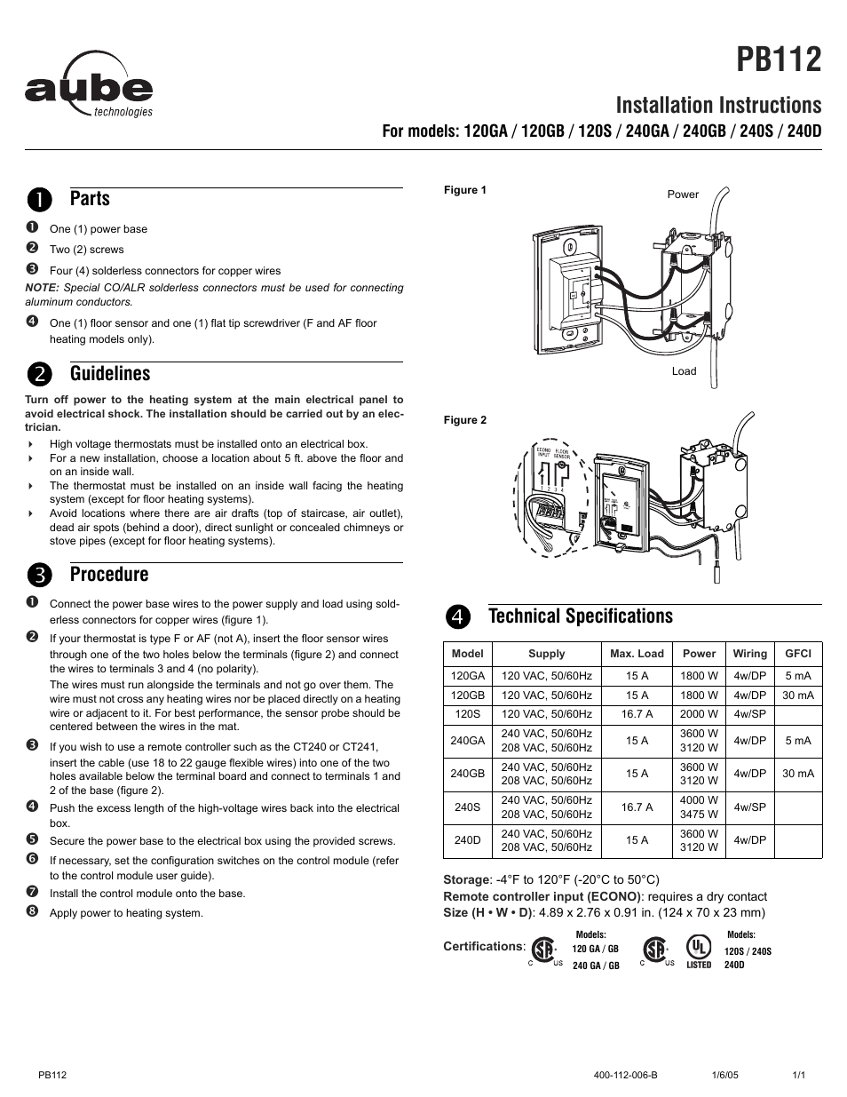 Pb112, Installation instructions, Parts | Guidelines, Procedure, Technical specifications | Aube Technologies TH115 User Manual | Page 3 / 3