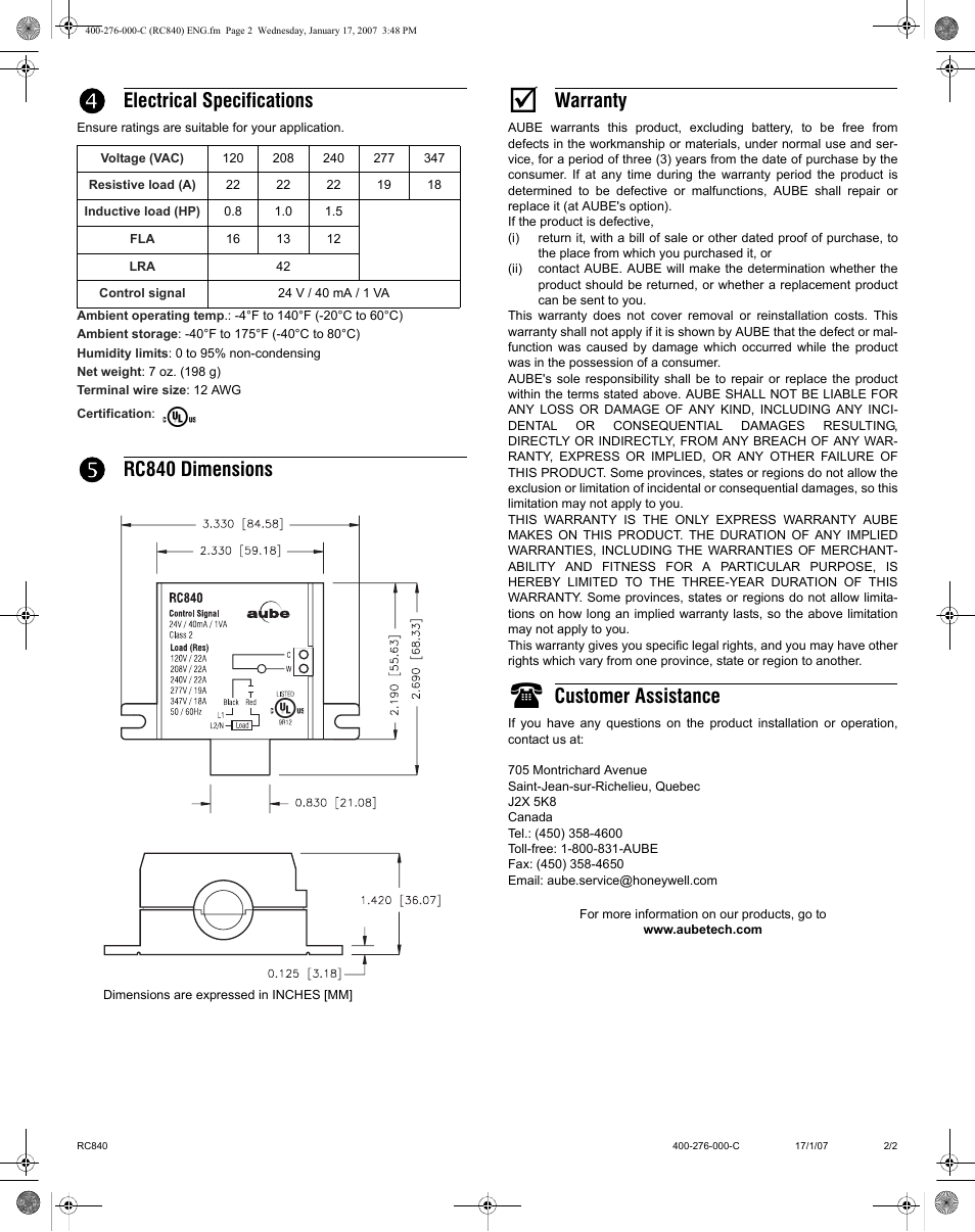 Electrical specifications, Rc840 dimensions, Warranty | Customer assistance | Aube Technologies RC840 User Manual | Page 2 / 2