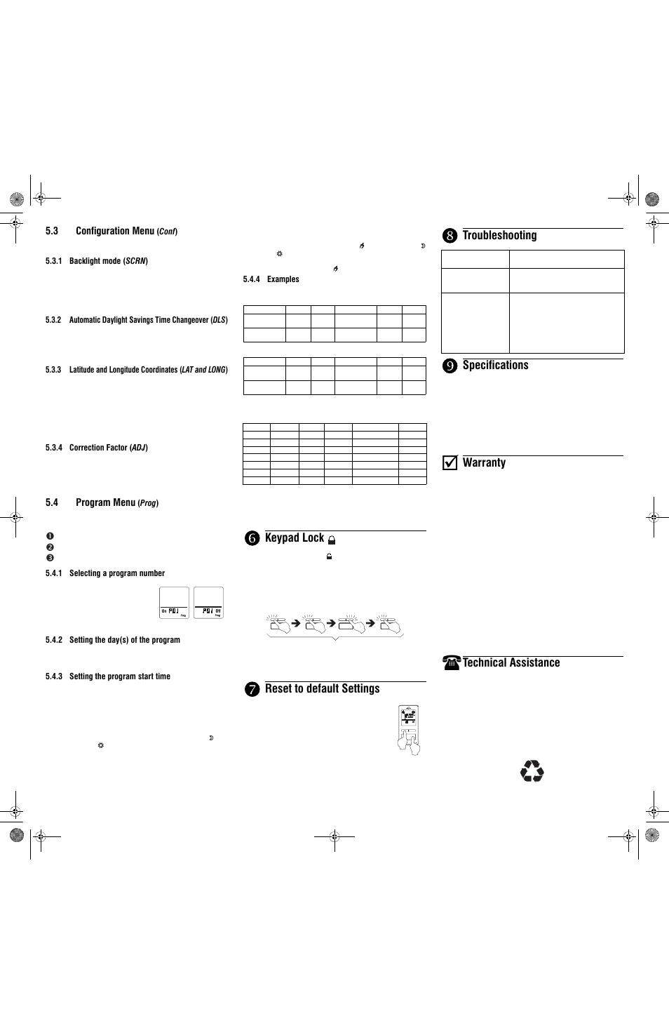 Keypad lock, Reset to default settings, Troubleshooting | Specifications, Warranty, Technical assistance, 3 configuration menu, 4 program menu, 2 sec | Aube Technologies TI072 User Manual | Page 2 / 4