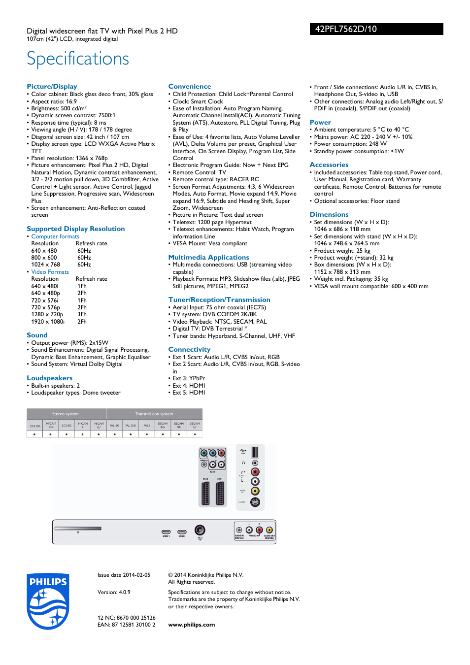 Specifications | Philips Flat TV panorámico con TDT integrado User Manual | Page 3 / 3