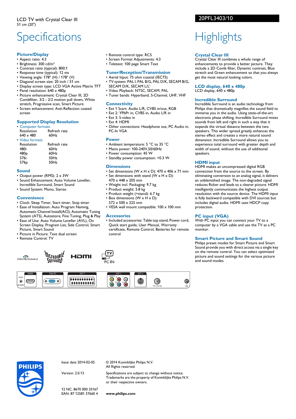 Specifications, Highlights | Philips TV LCD User Manual | Page 2 / 2