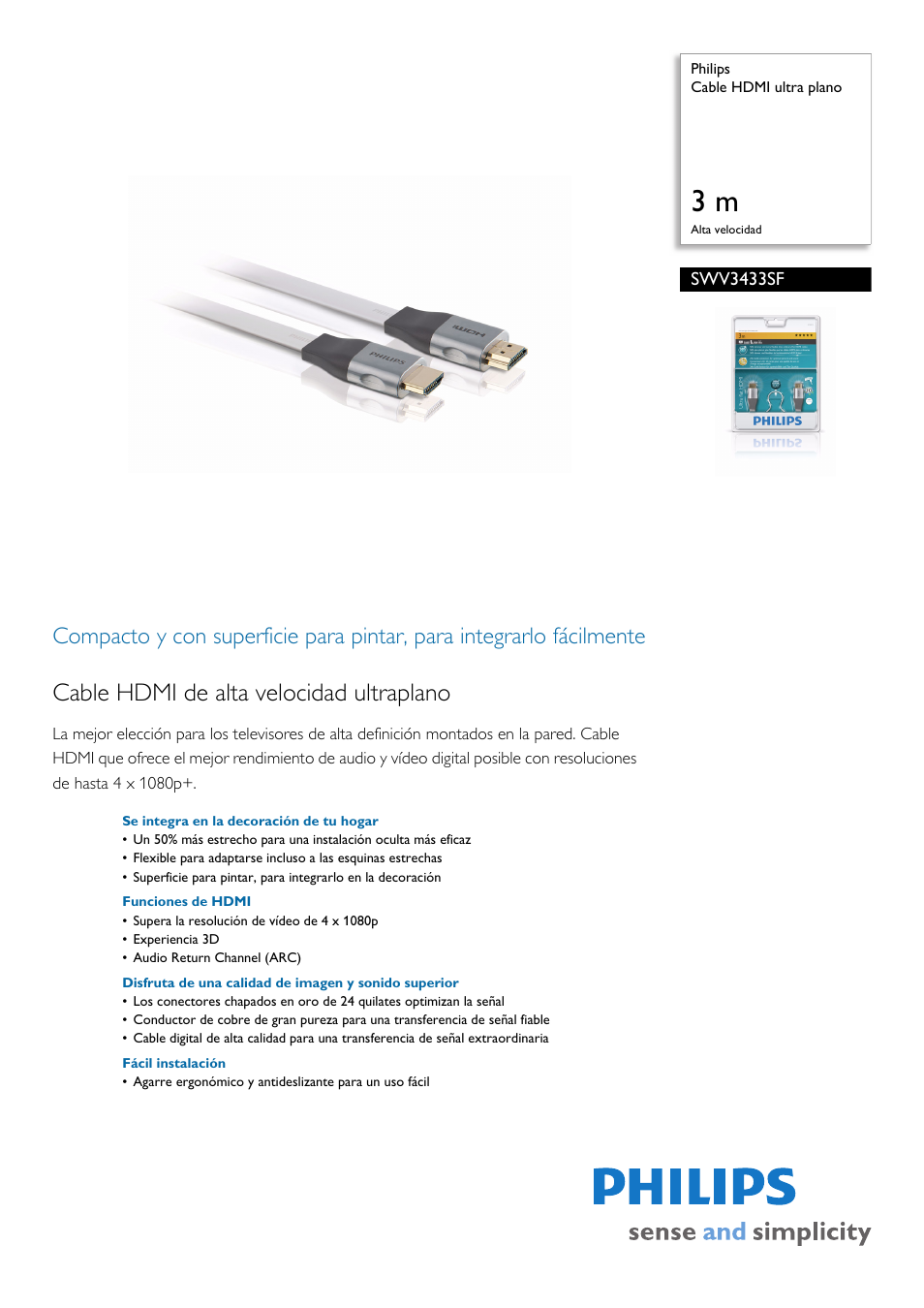 Philips Cable HDMI ultra plano User Manual | 2 pages