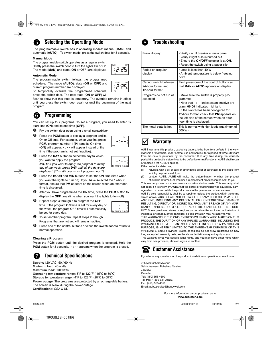 Selecting the operating mode, Programming, Technical specifications | Troubleshooting, Warranty, Customer assistance | Aube Technologies TI032-3W User Manual | Page 2 / 2