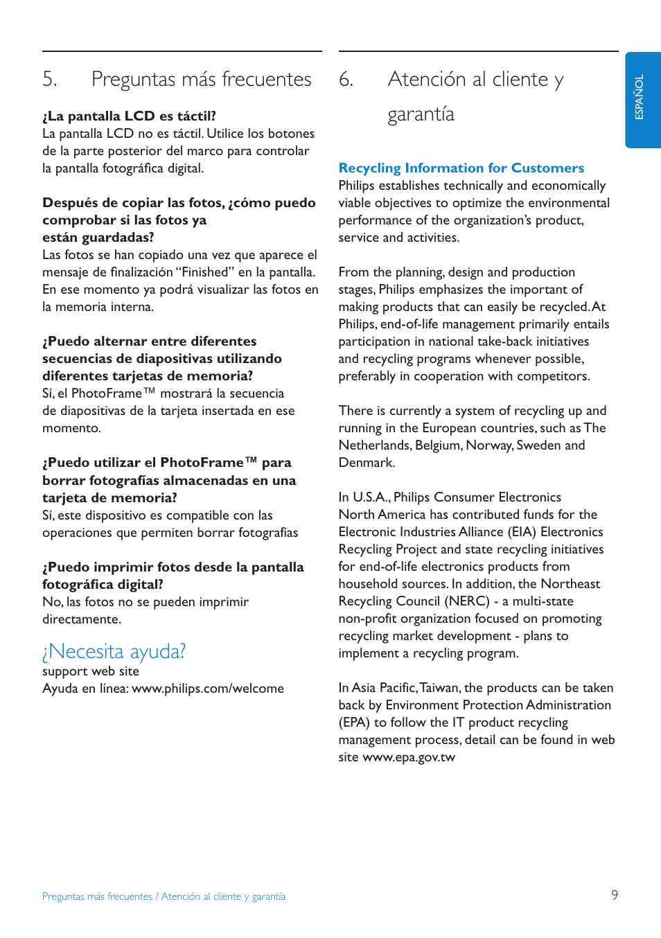 Preguntas más frecuentes, Necesita ayuda, Atención al cliente y garantía | Philips PhotoFrame User Manual | Page 11 / 16