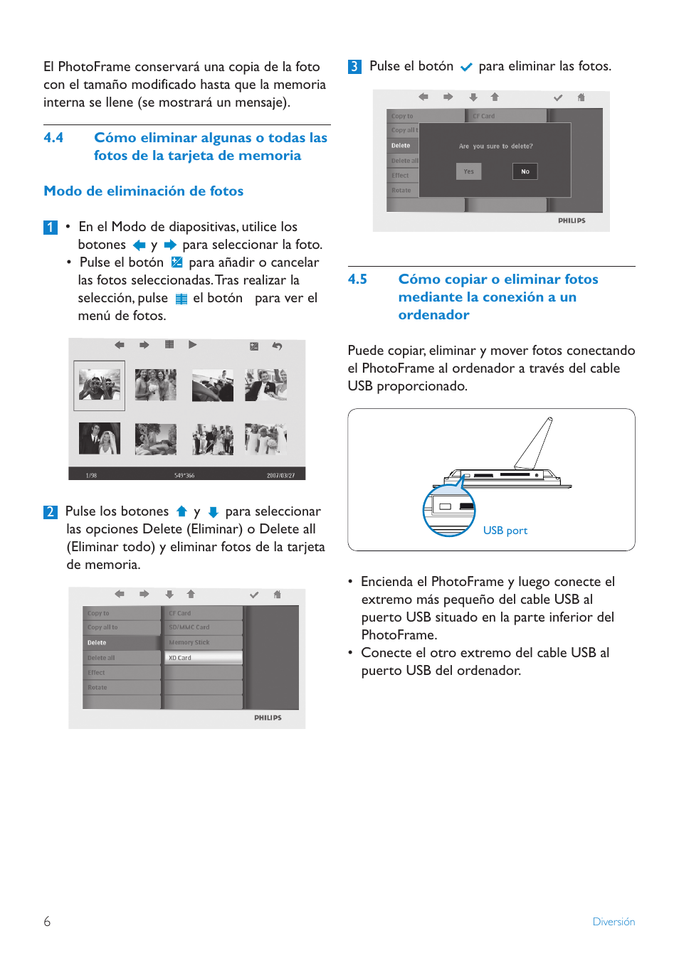 6 funciones de ajuste de hora y fecha | Philips PhotoFrame User Manual | Page 8 / 16