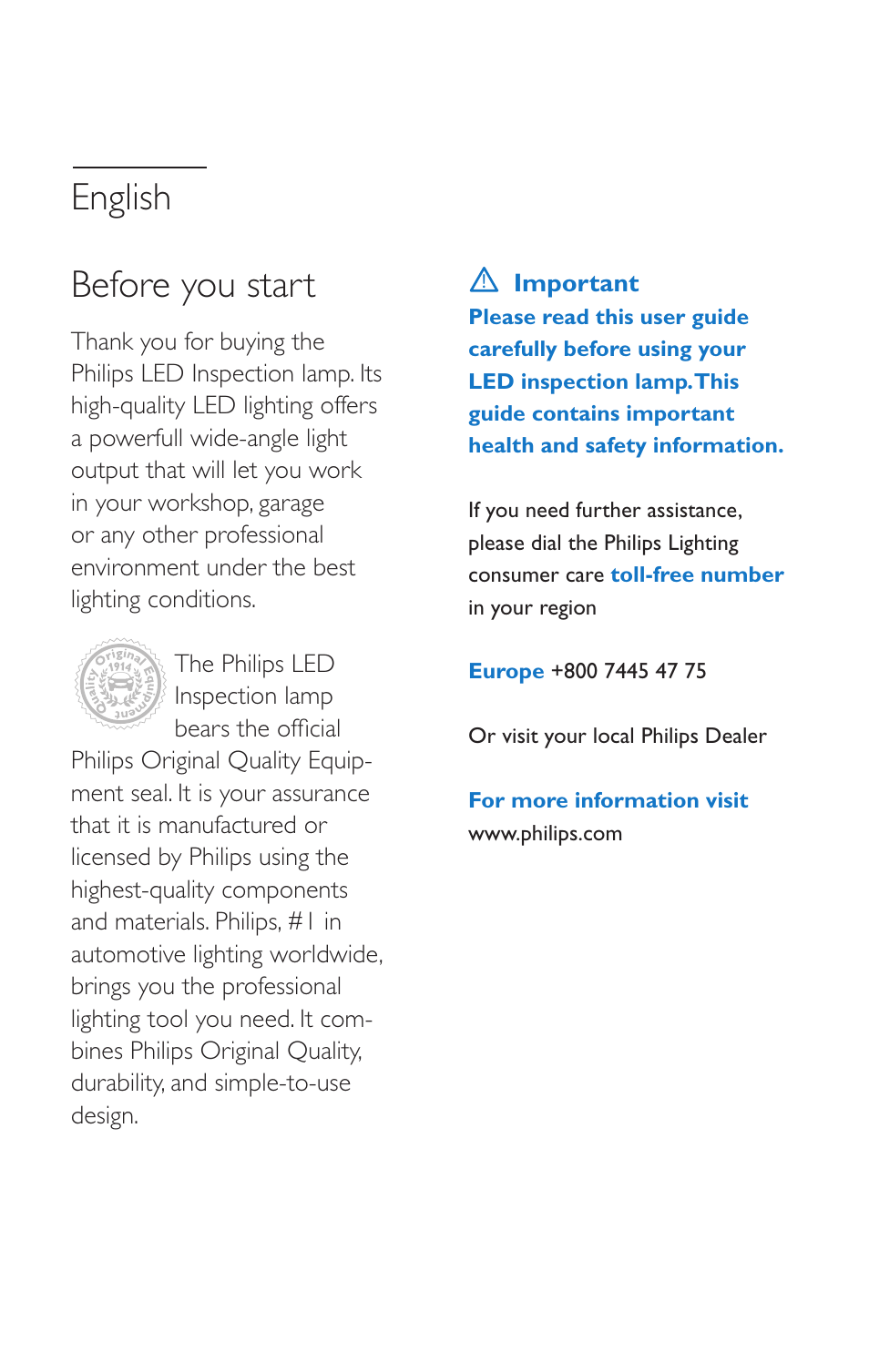 English before you start | Philips LED Inspection lamps CBL20 User Manual | Page 2 / 6