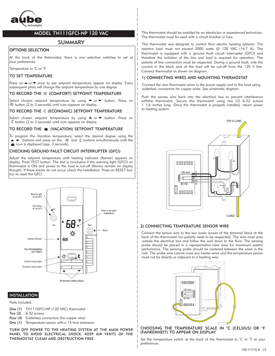 Aube Technologies TH111GFCI-NP User Manual | 2 pages