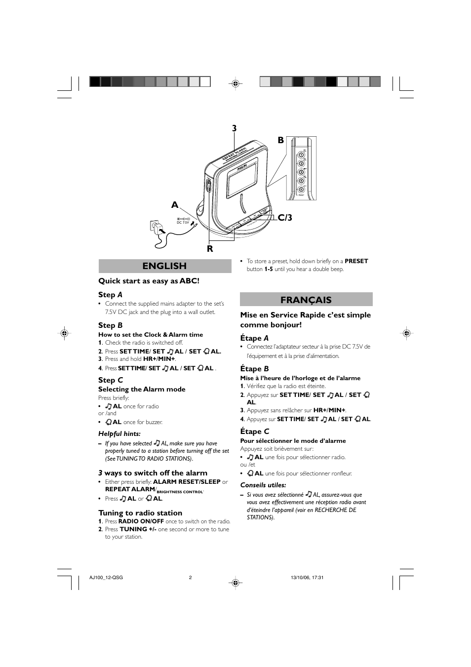 English, Français, Ar b c/3 3 | Philips Radio reloj con sintonización digital User Manual | Page 2 / 4