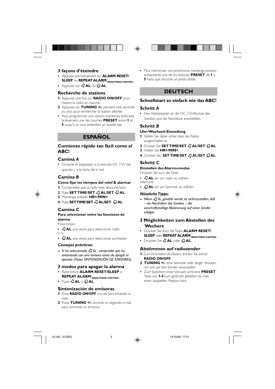 Español, Deutsch | Philips Radio reloj con sintonización digital User Manual | Page 3 / 4