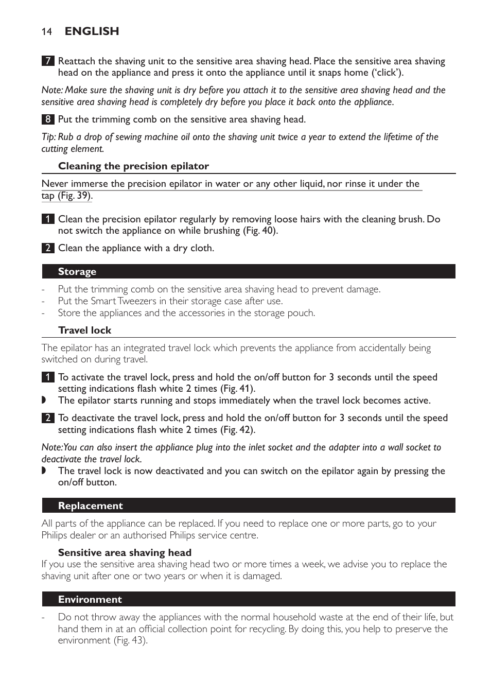 Cleaning the precision epilator, Storage, Travel lock | Sensitive area shaving head, Replacement, Environment | Philips SatinPerfect Depiladora User Manual | Page 14 / 96