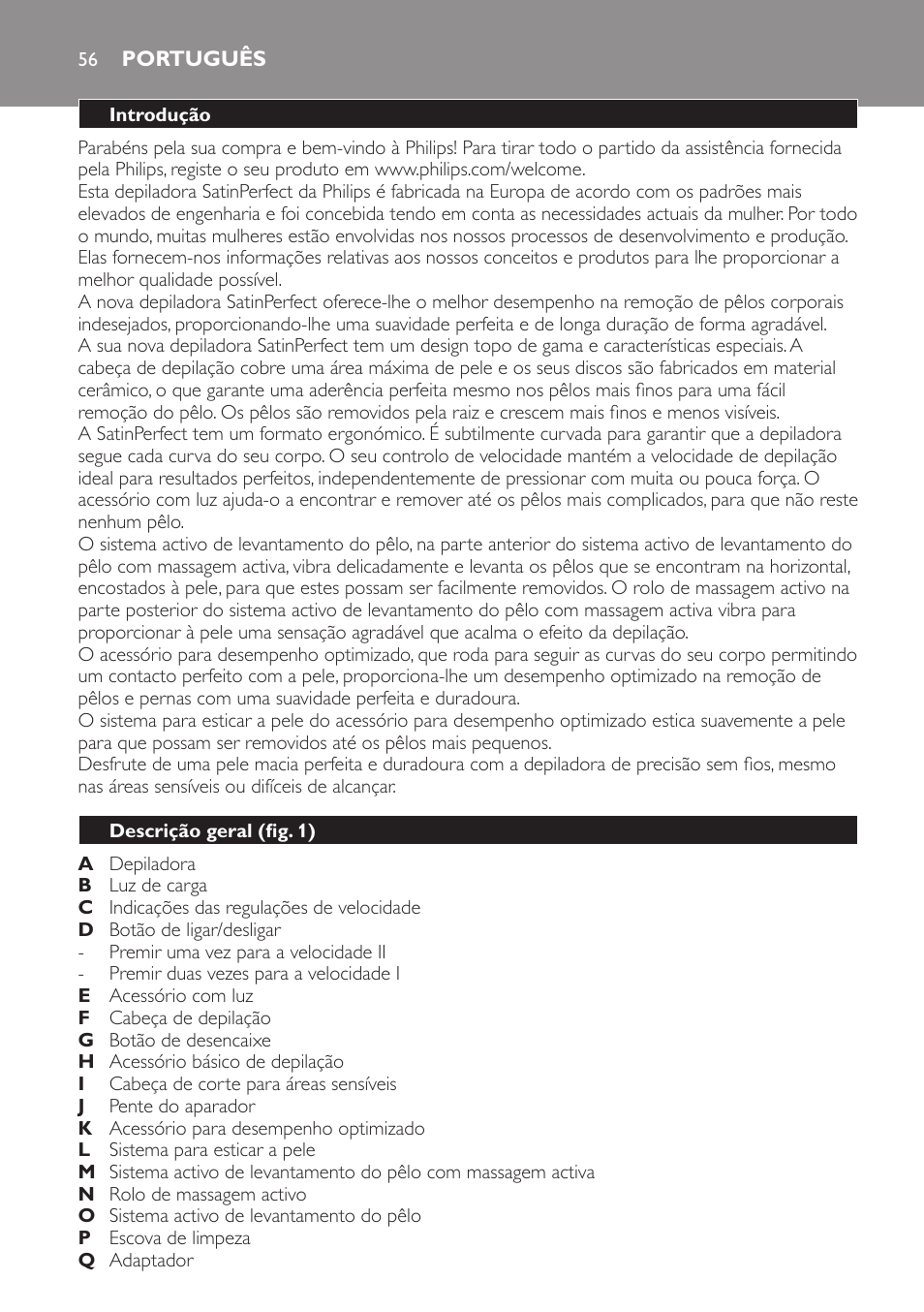 Português, Introdução, Descrição geral (fig. 1) | Philips SatinPerfect Depiladora User Manual | Page 56 / 96