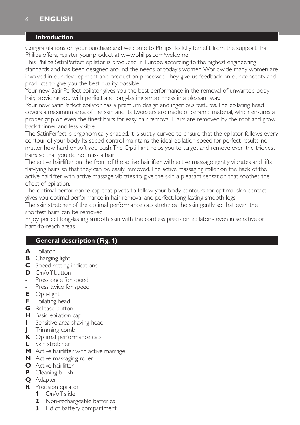 English, Introduction, General description (fig. 1) | Philips SatinPerfect Depiladora User Manual | Page 6 / 96