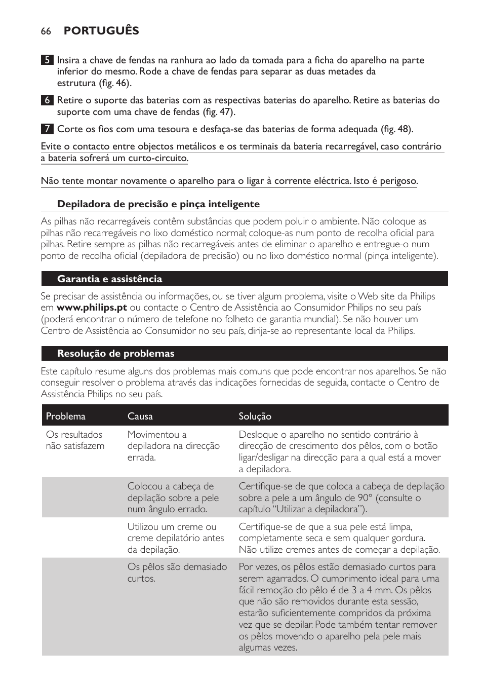 Depiladora de precisão e pinça inteligente, Garantia e assistência, Resolução de problemas | Philips SatinPerfect Depiladora User Manual | Page 66 / 96
