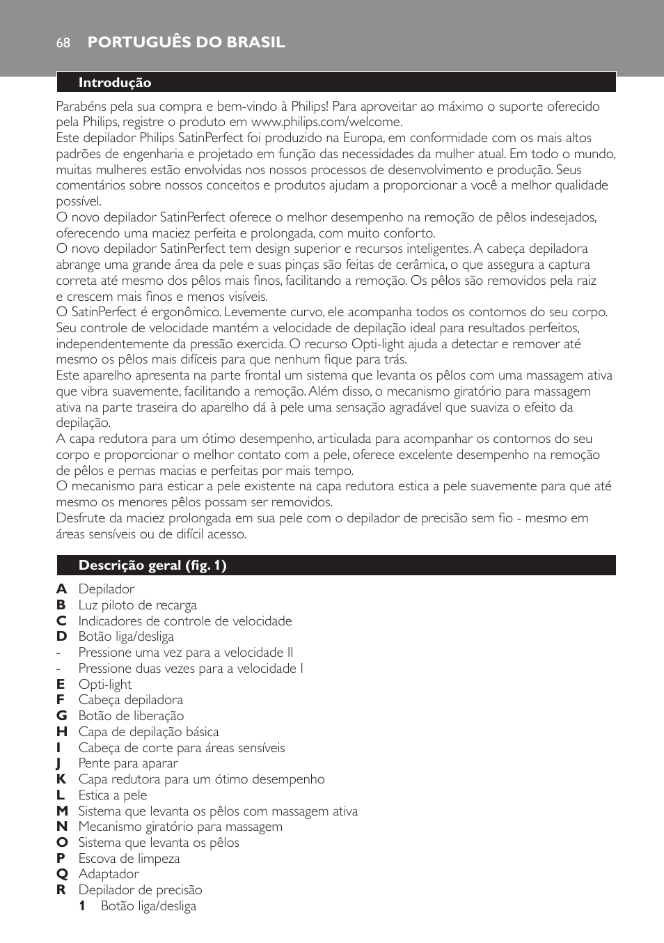 Português do brasil, Introdução, Descrição geral (fig. 1) | Philips SatinPerfect Depiladora User Manual | Page 68 / 96