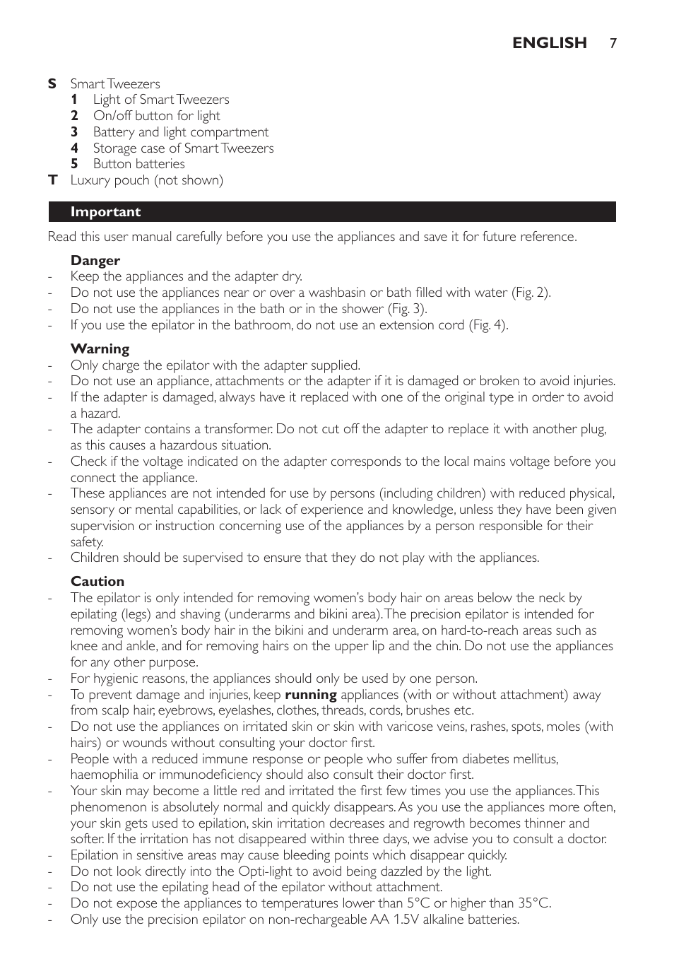 Important, Danger, Warning | Caution | Philips SatinPerfect Depiladora User Manual | Page 7 / 96