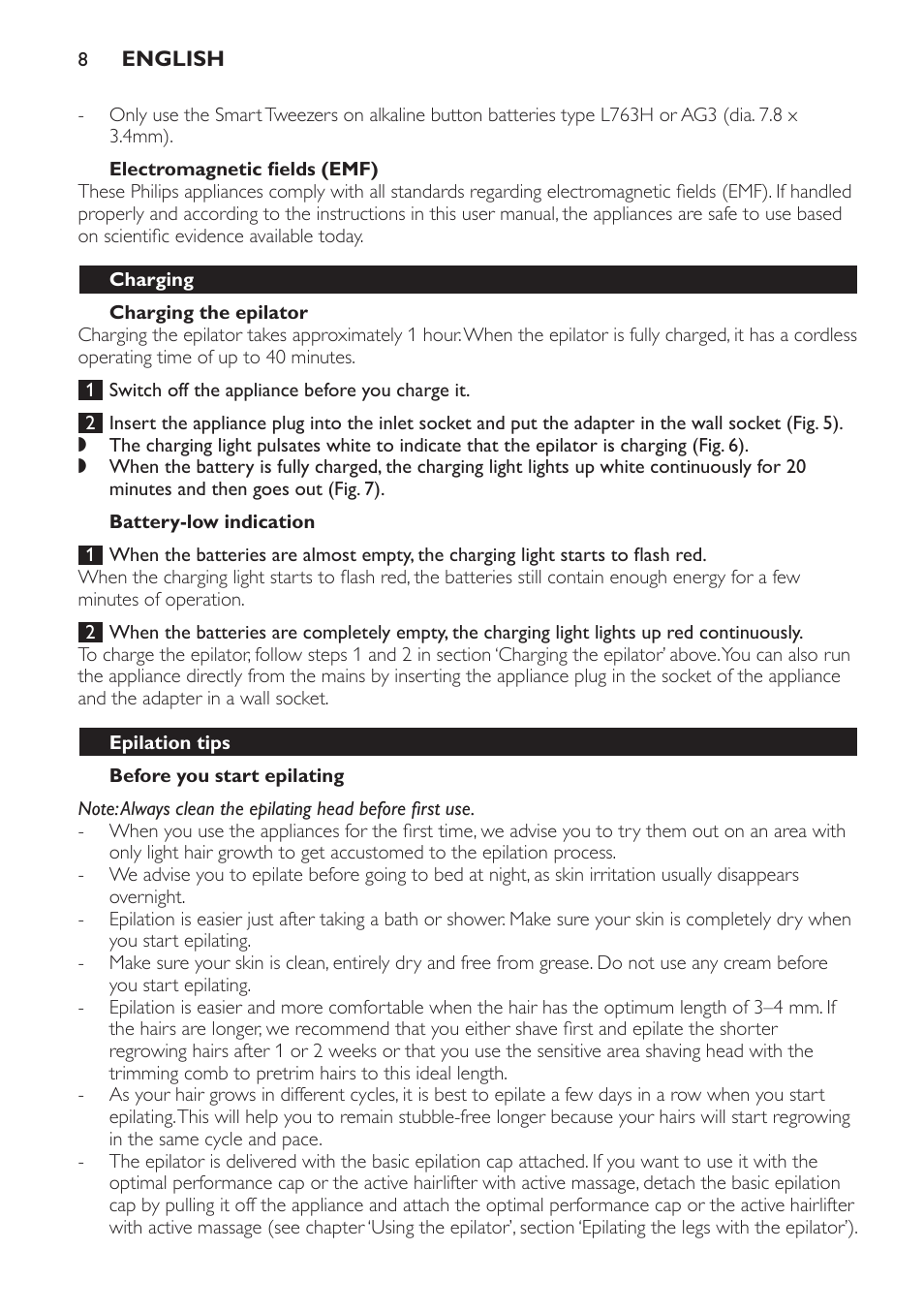 Electromagnetic fields (emf), Charging, Charging the epilator | Battery-low indication, Epilation tips, Before you start epilating | Philips SatinPerfect Depiladora User Manual | Page 8 / 96