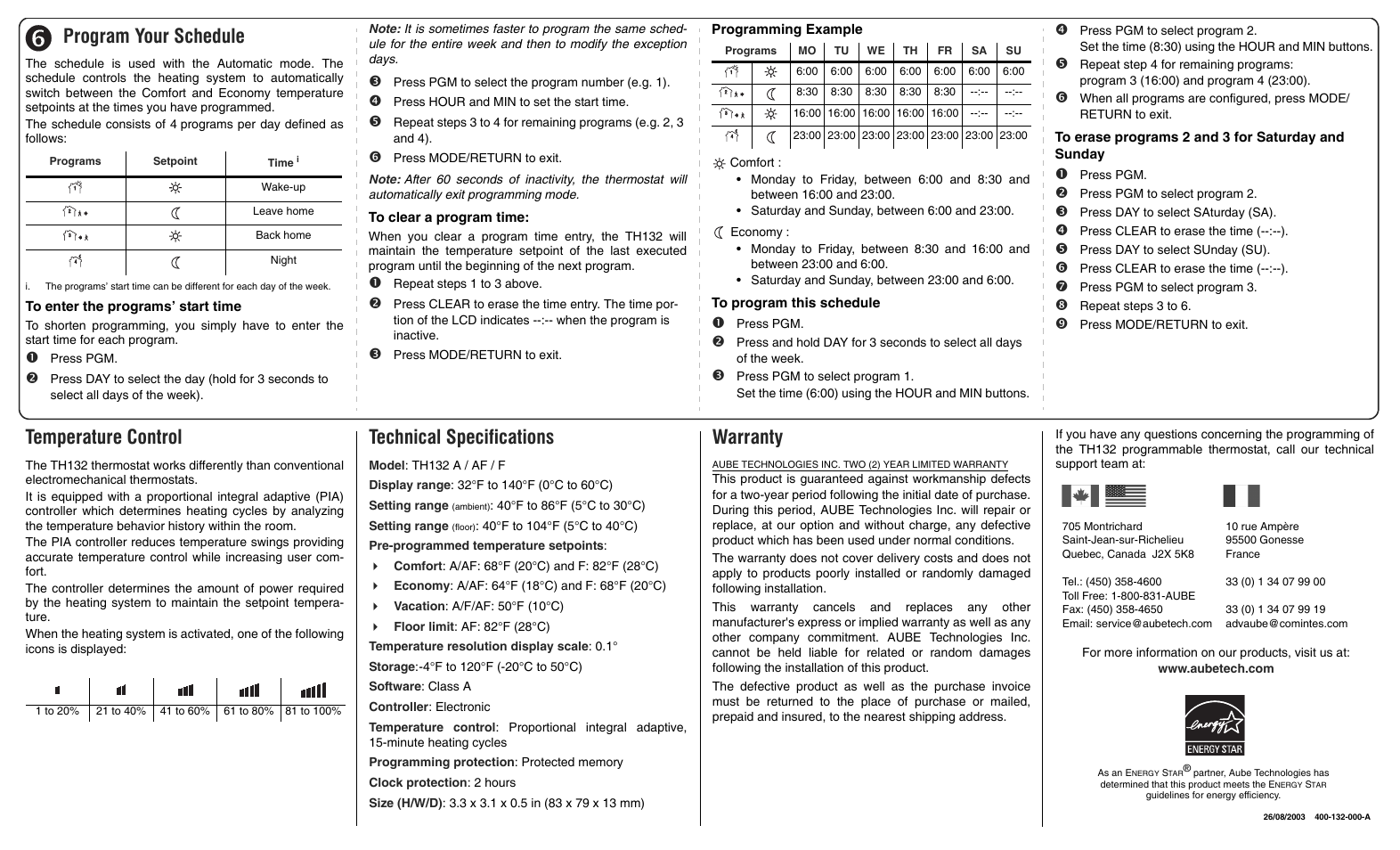 Program your schedule, Temperature control, Technical specifications | Warranty | Aube Technologies TH132 A/F/AF User Manual | Page 2 / 3