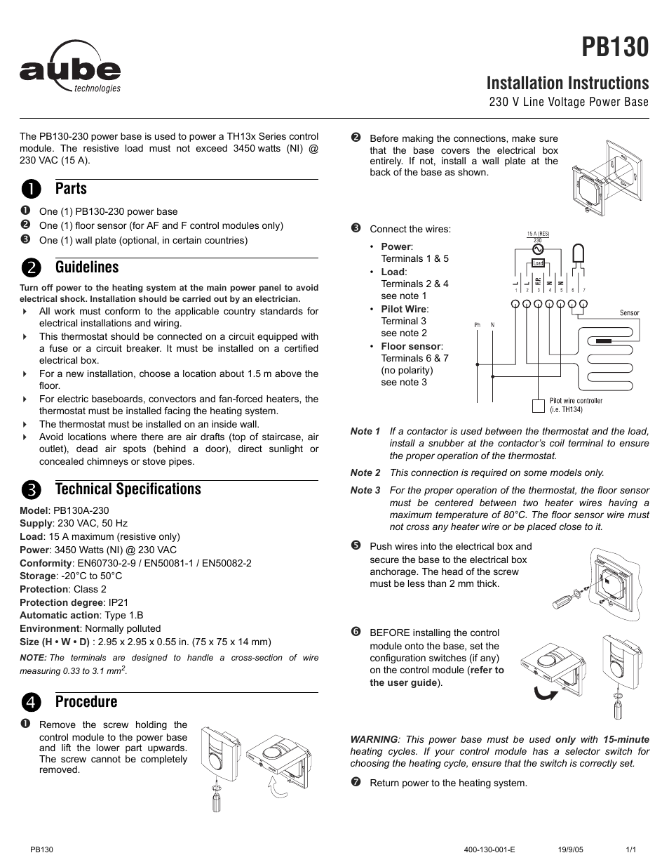 Pb130, Installation instructions, Parts | Guidelines, Technical specifications, Procedure | Aube Technologies TH132 A/F/AF User Manual | Page 3 / 3